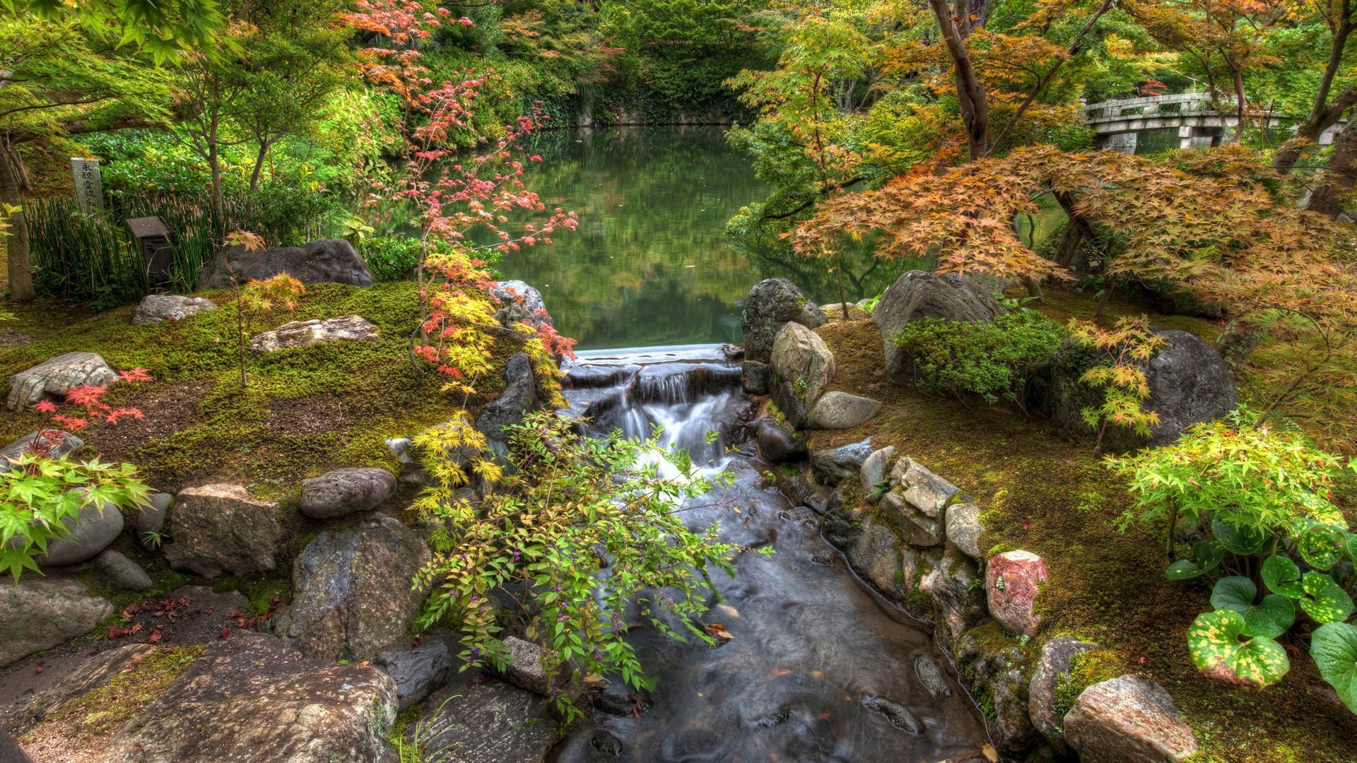 Japanese Garden with Waterfall and Pond HD Wallpaper