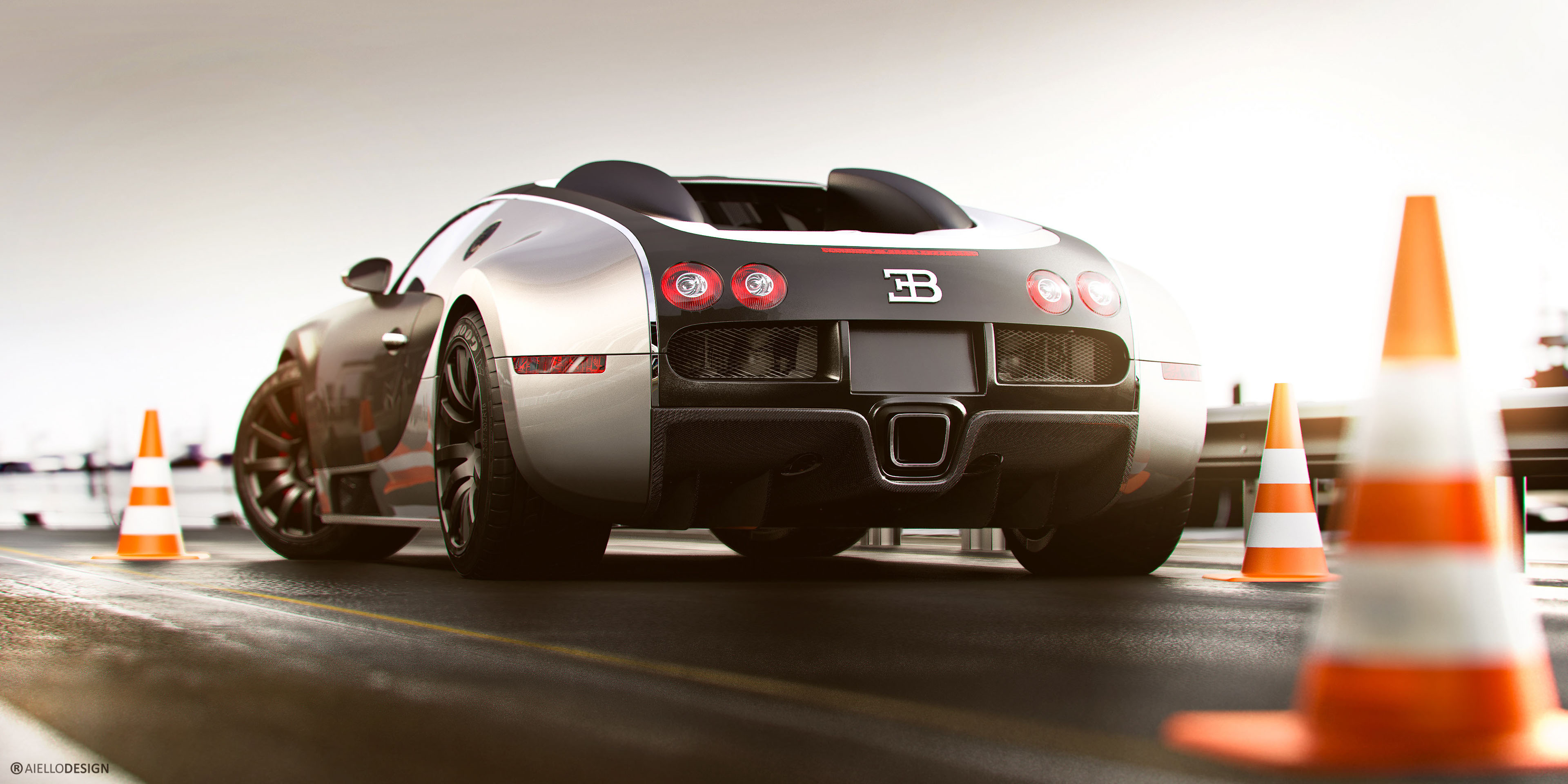Bugatti Veyron Supercar with Traffic Cones HD Wallpaper