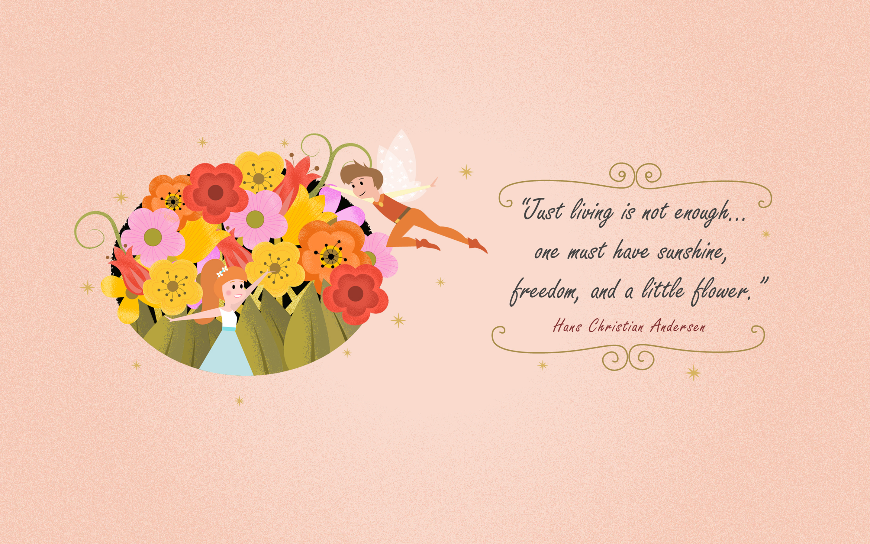 Fairy and girl with flowers quote by Hans Christian Andersen HD Wallpaper