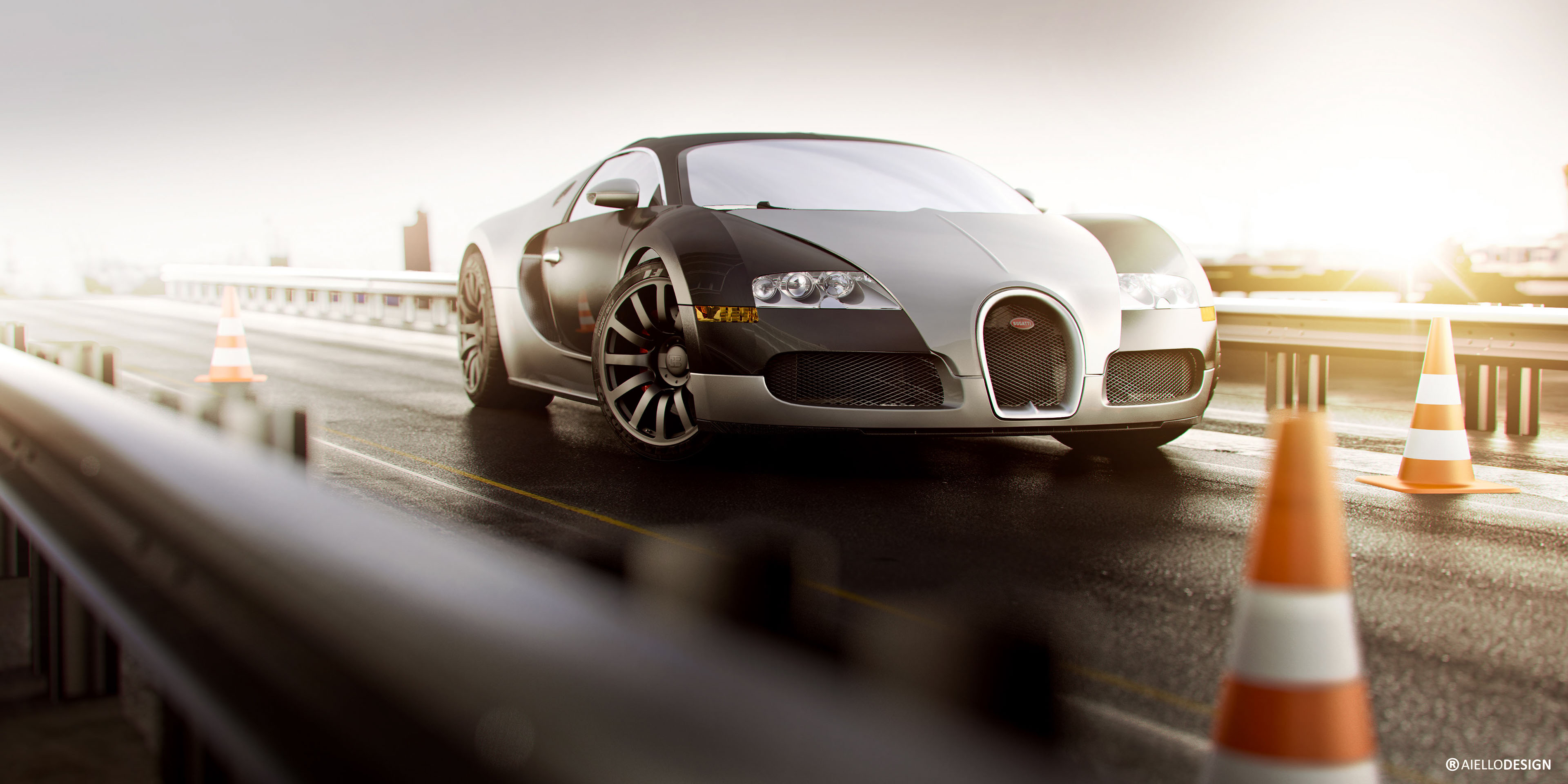 Bugatti Veyron on a wet road with traffic cones HD Wallpaper