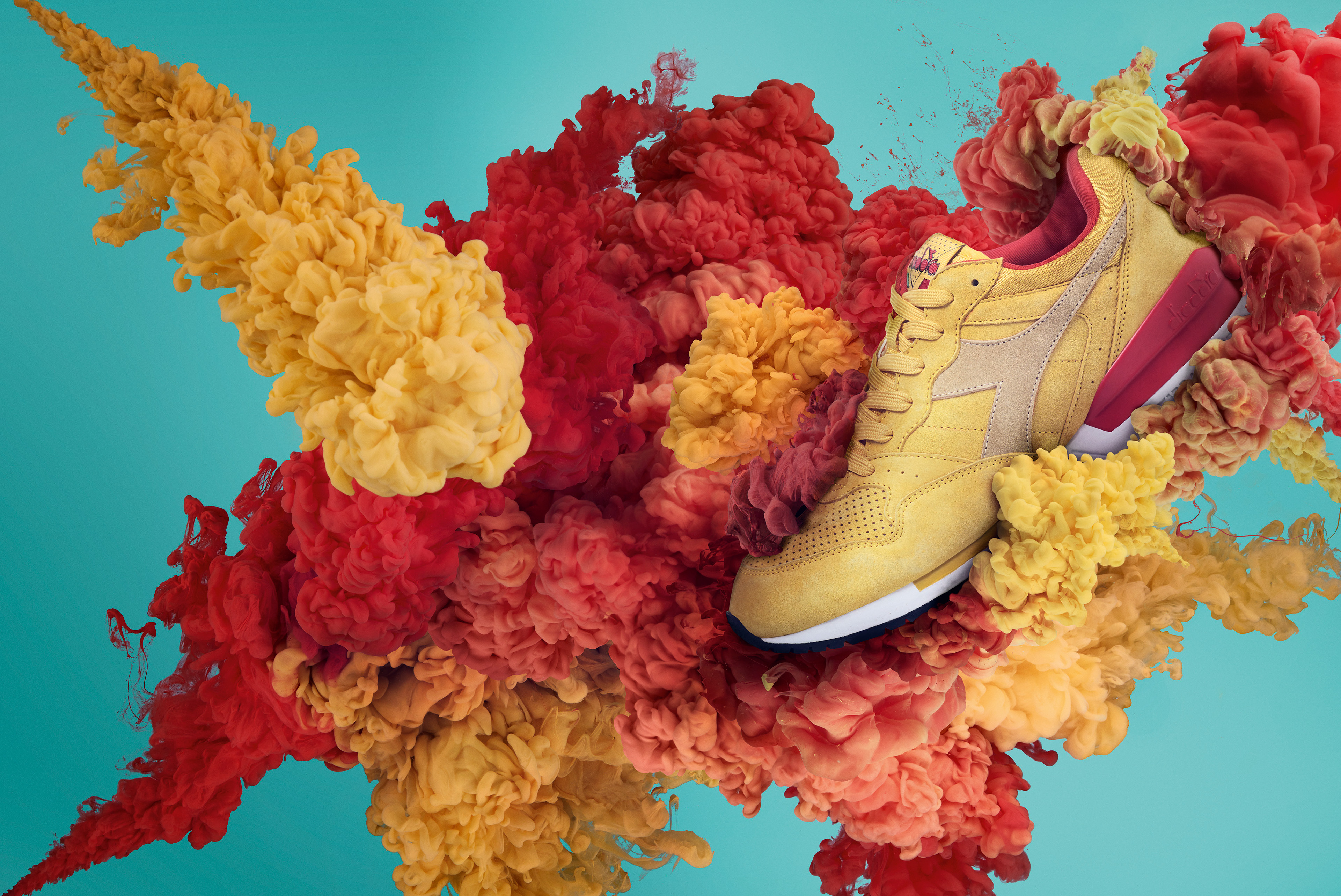 Yellow Diadora Sneakers with Red and Yellow Smoke HD Wallpaper