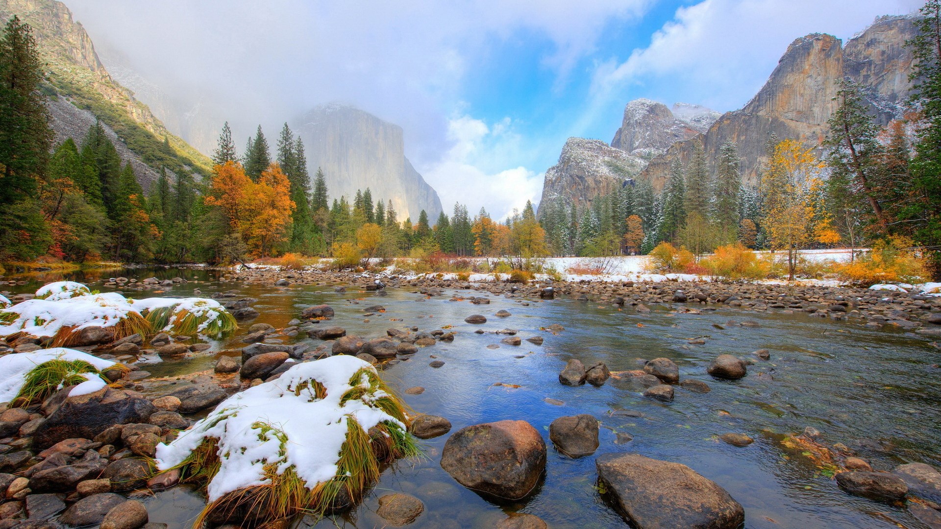 River flowing through Yosemite Valley with autumn foliage and snow HD Wallpaper
