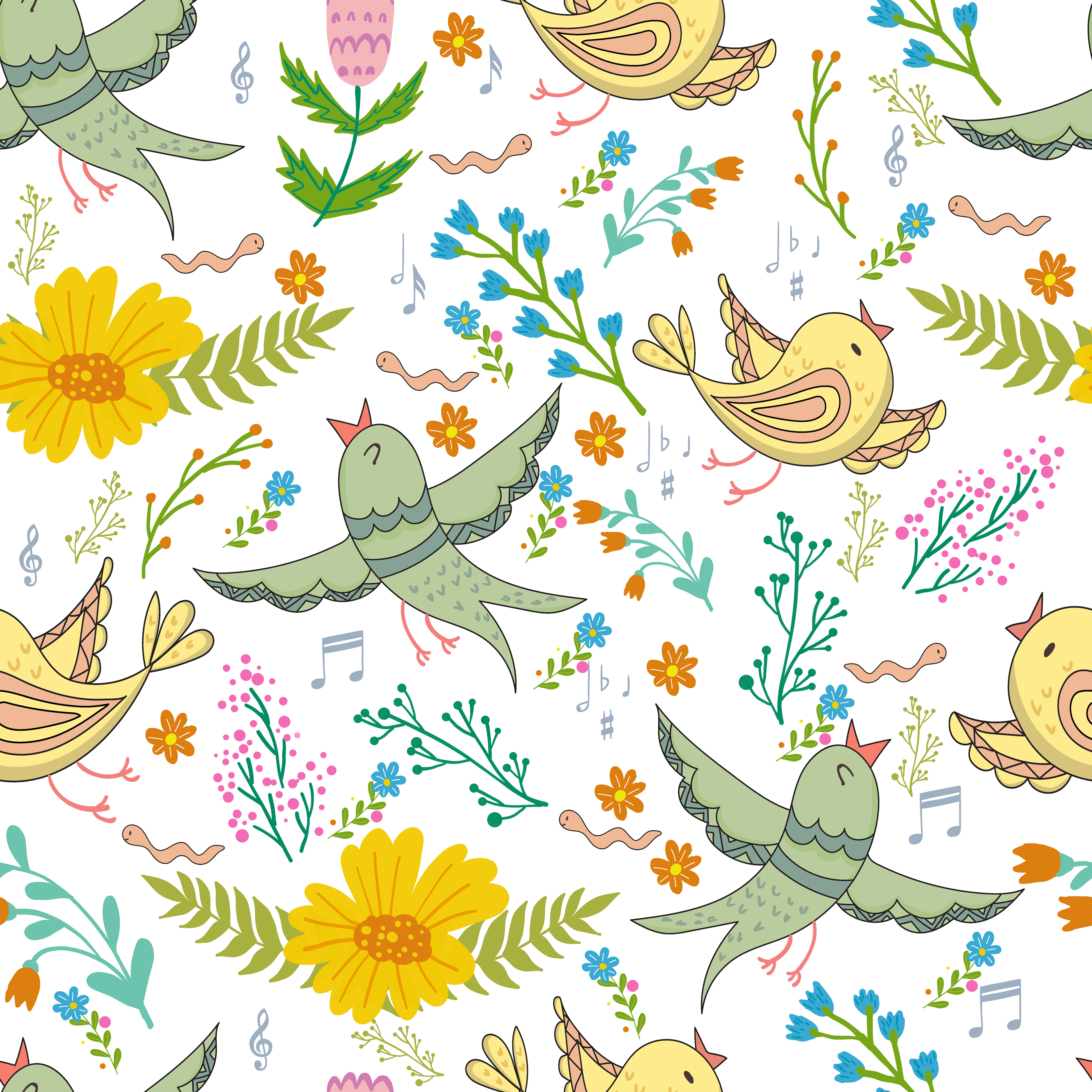 Birds and flowers seamless pattern HD Wallpaper