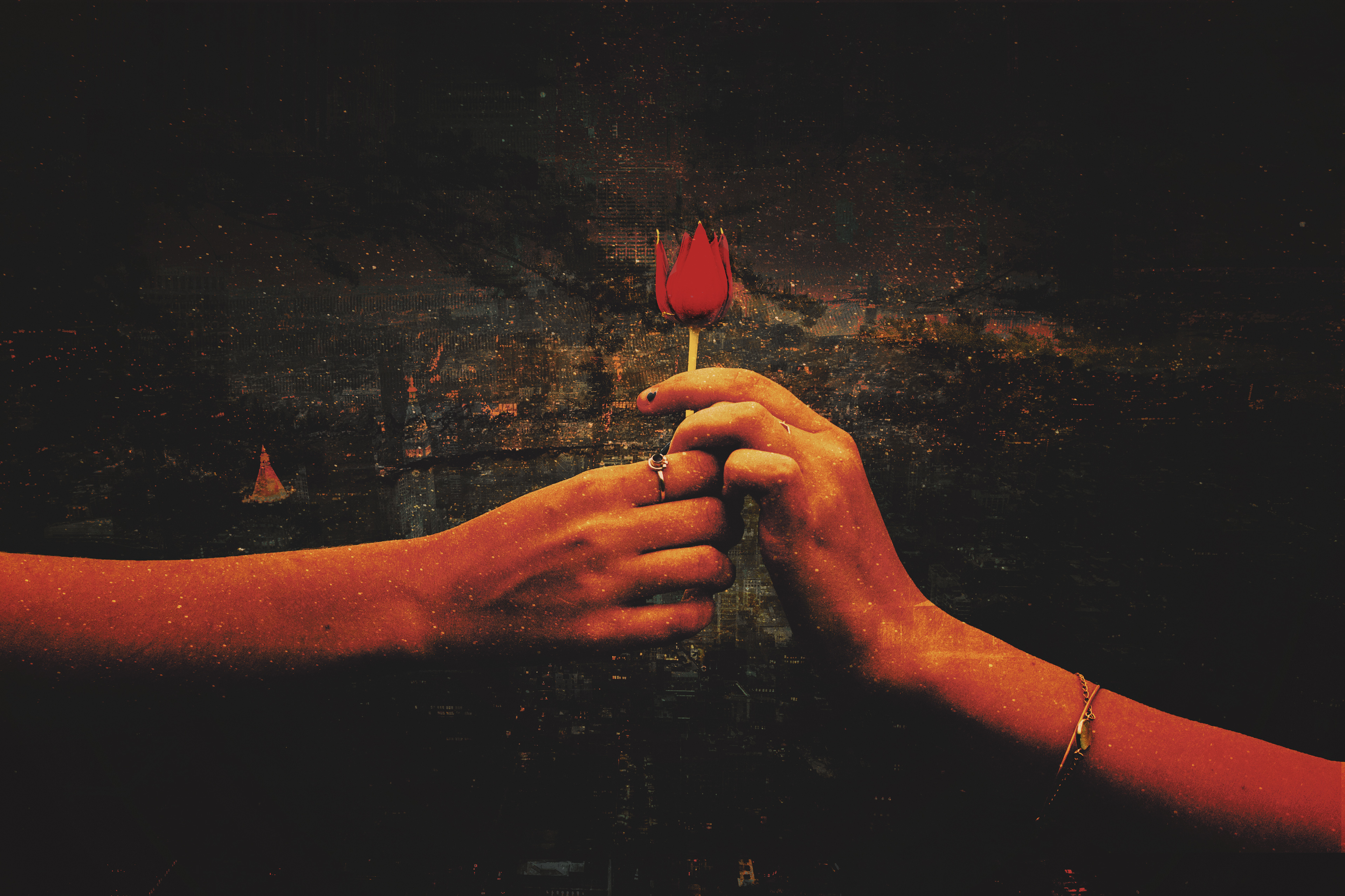 Hands holding a red rose with a city background 4K HD Wallpaper