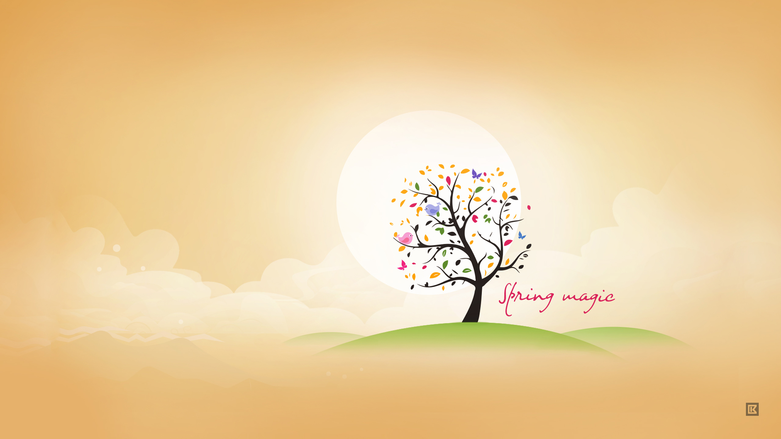 Spring magic tree with birds and butterflies HD Wallpaper