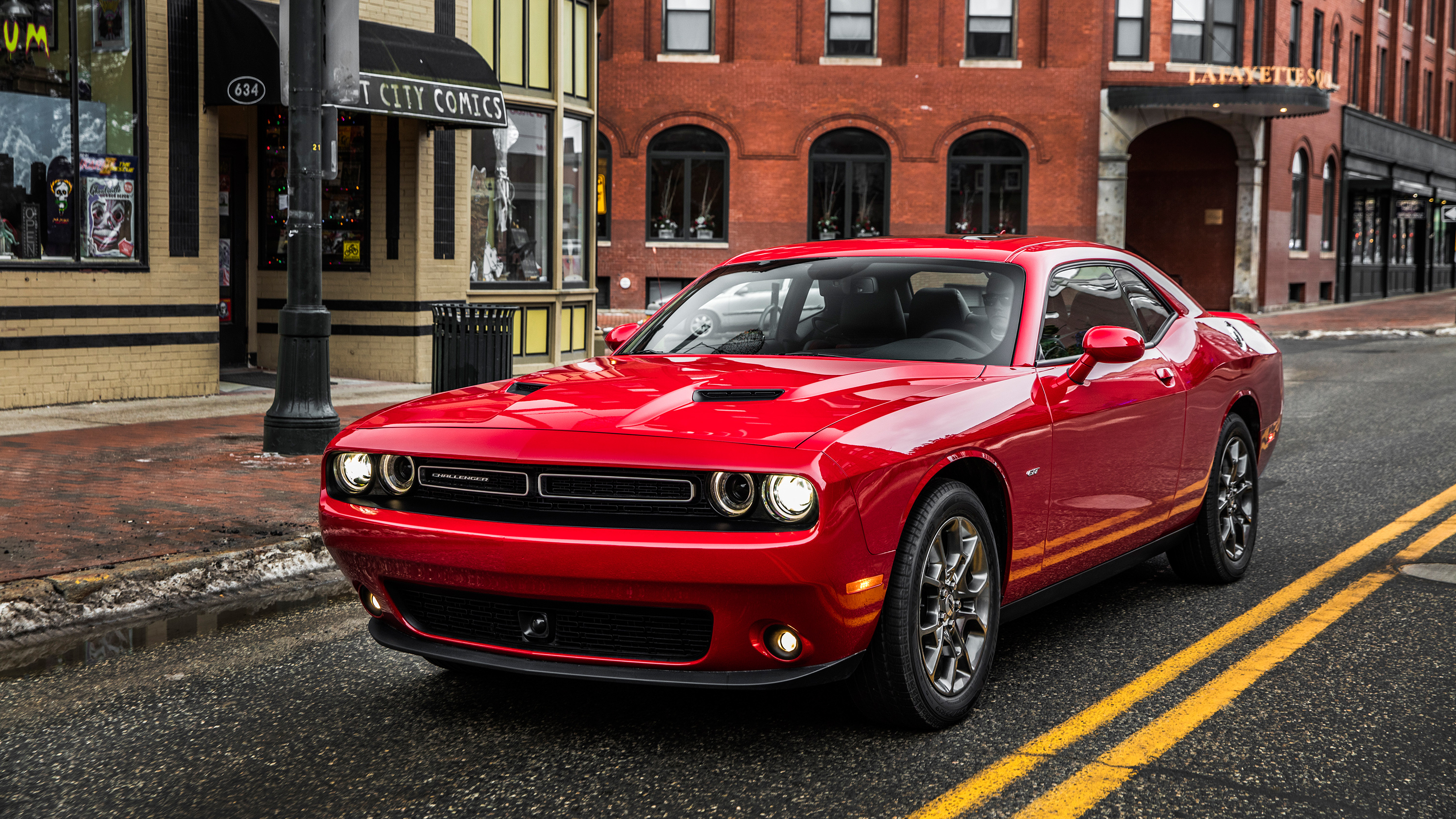 Red Dodge Challenger GT AWD parked on a city street HD Wallpaper