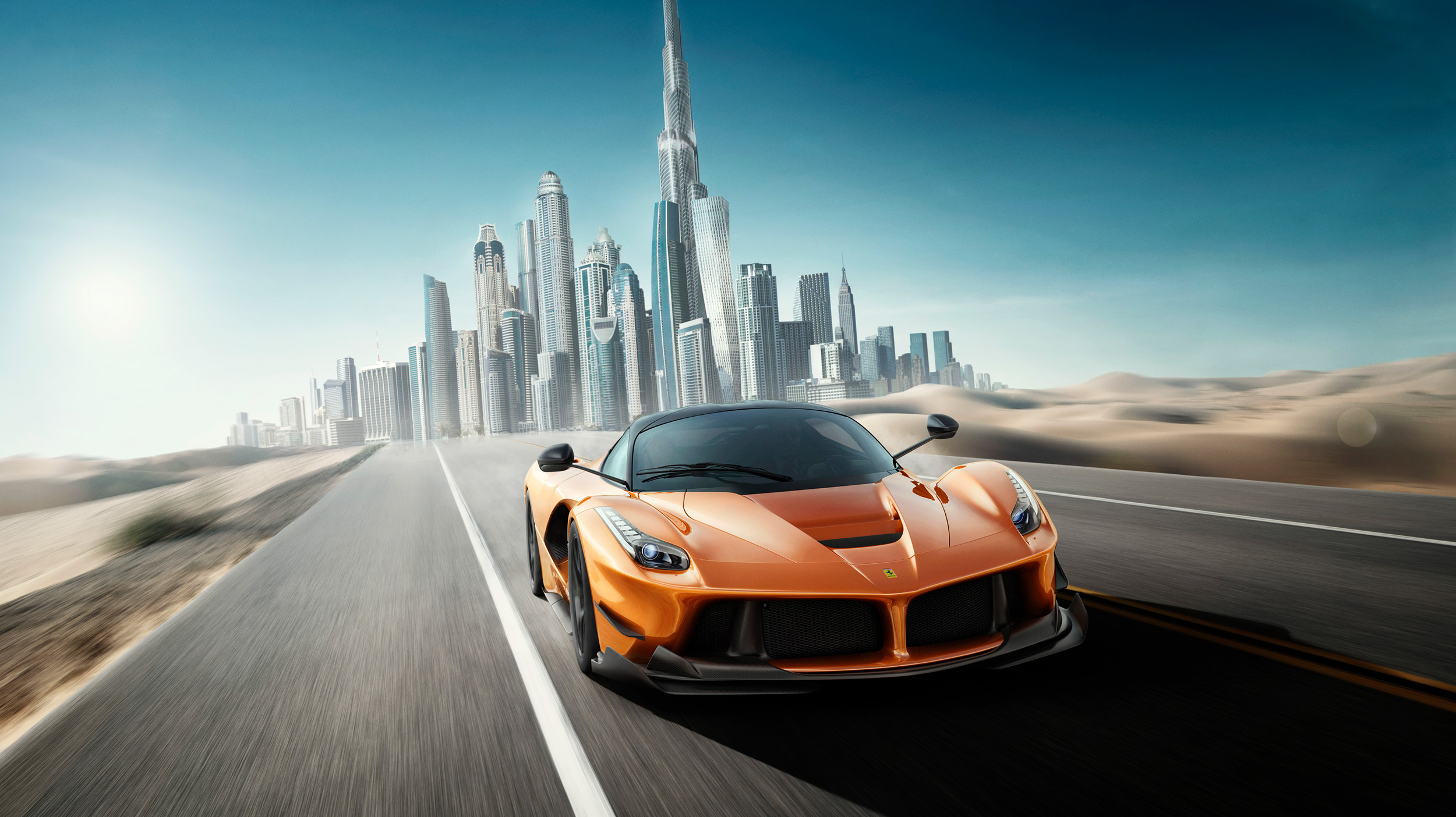Orange Ferrari driving on a road towards Dubai skyline HD Wallpaper