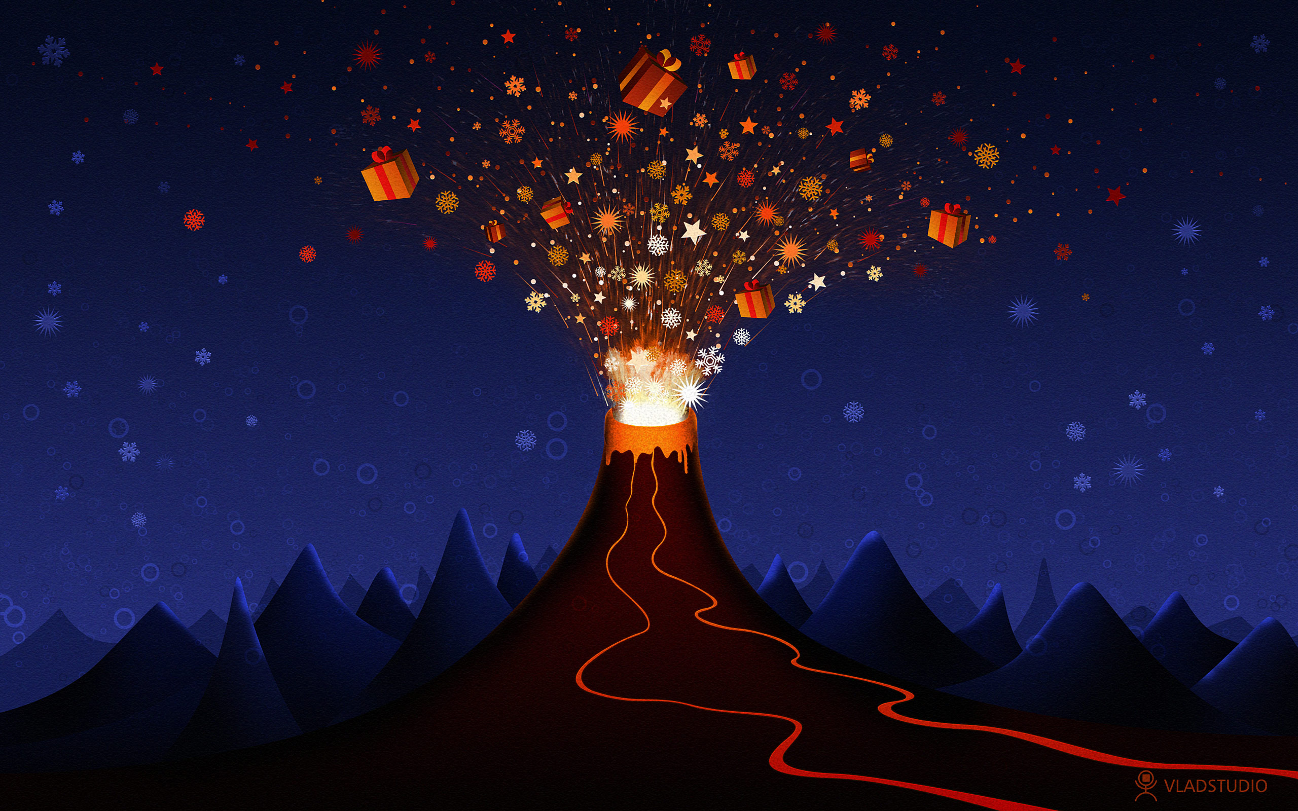 Volcano erupting with Christmas gifts and snowflakes HD Wallpaper