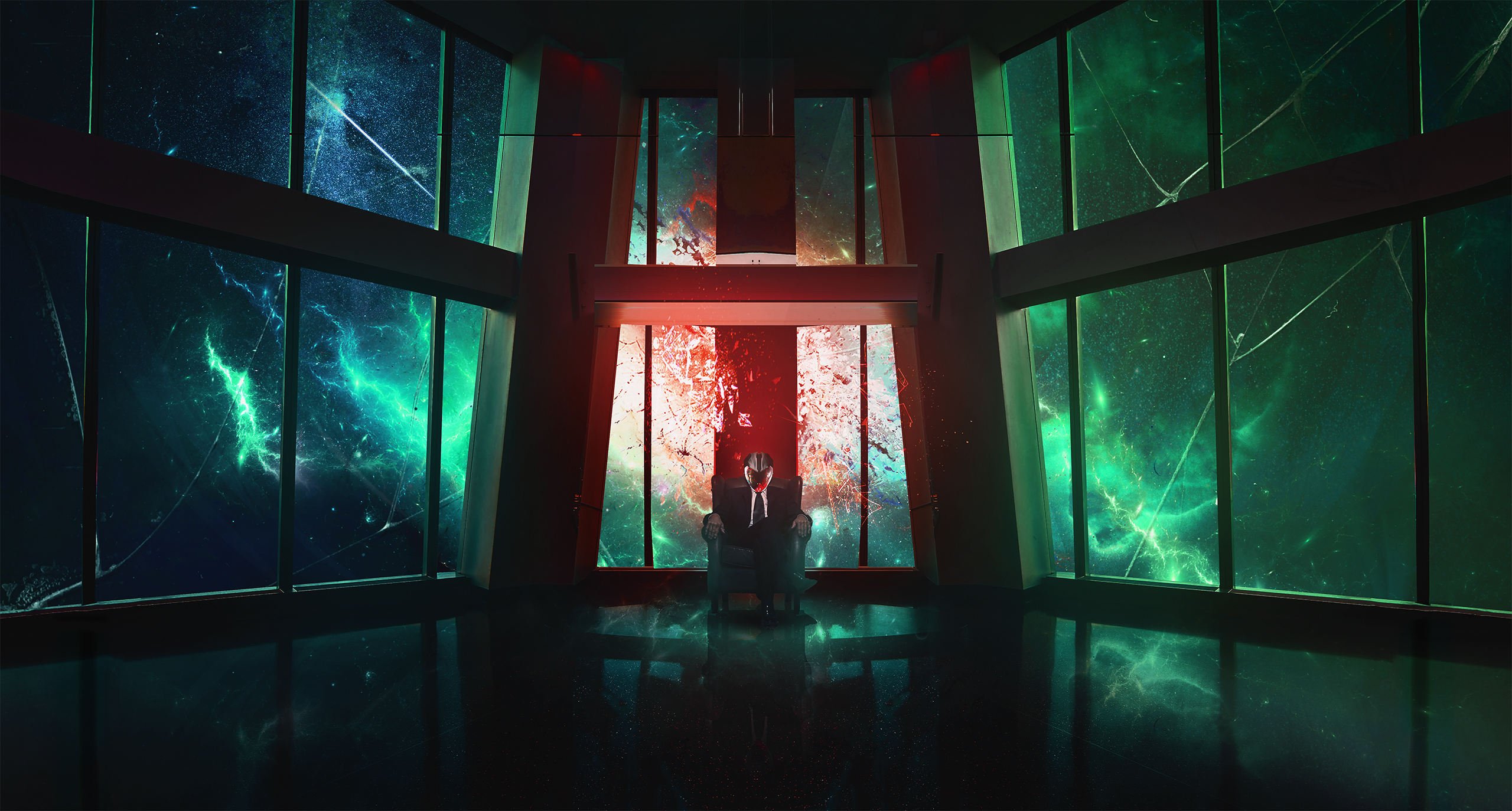 Man in suit sitting in chair in front of cosmic windows HD Wallpaper