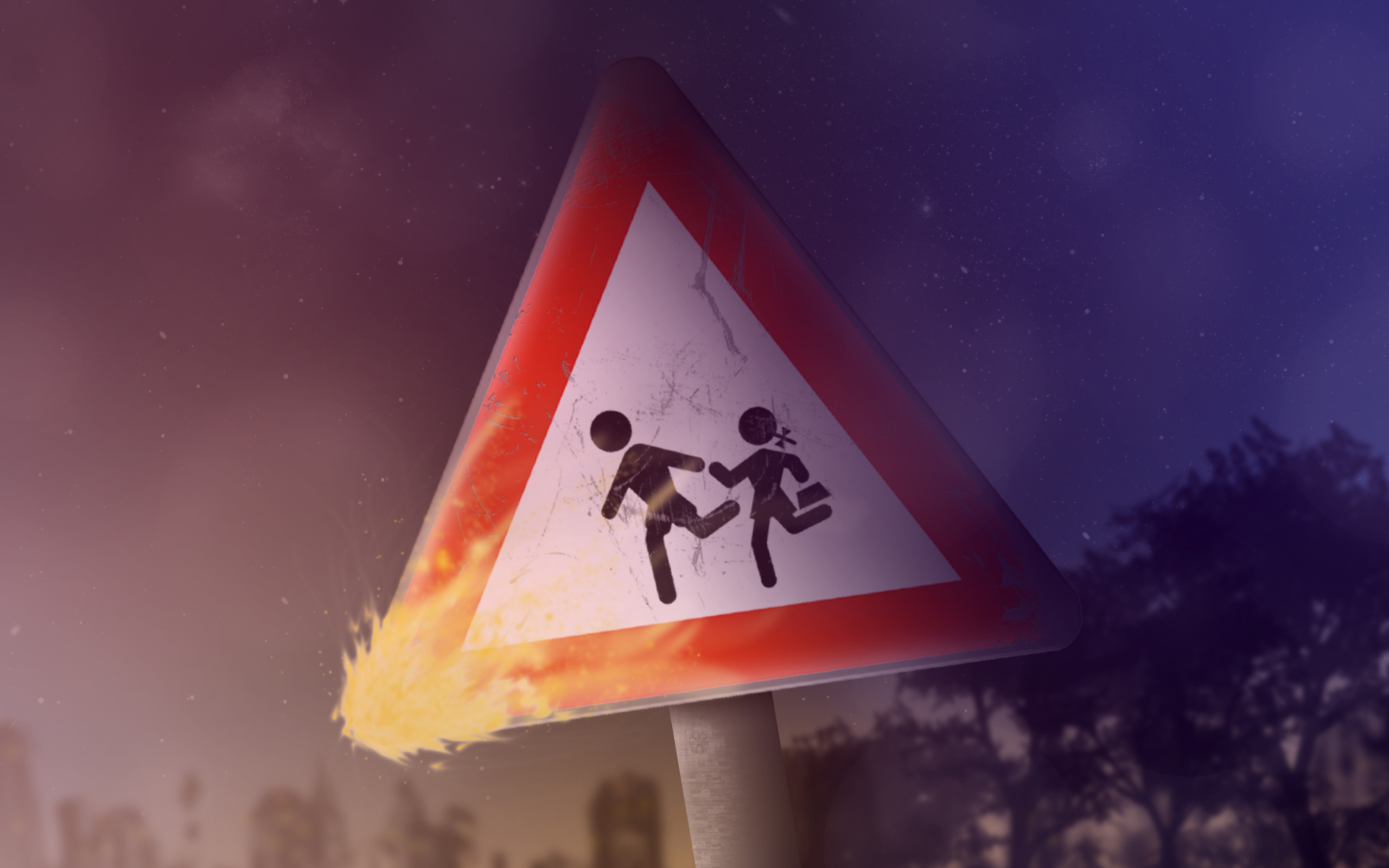 Warning sign with children running, on fire HD Wallpaper