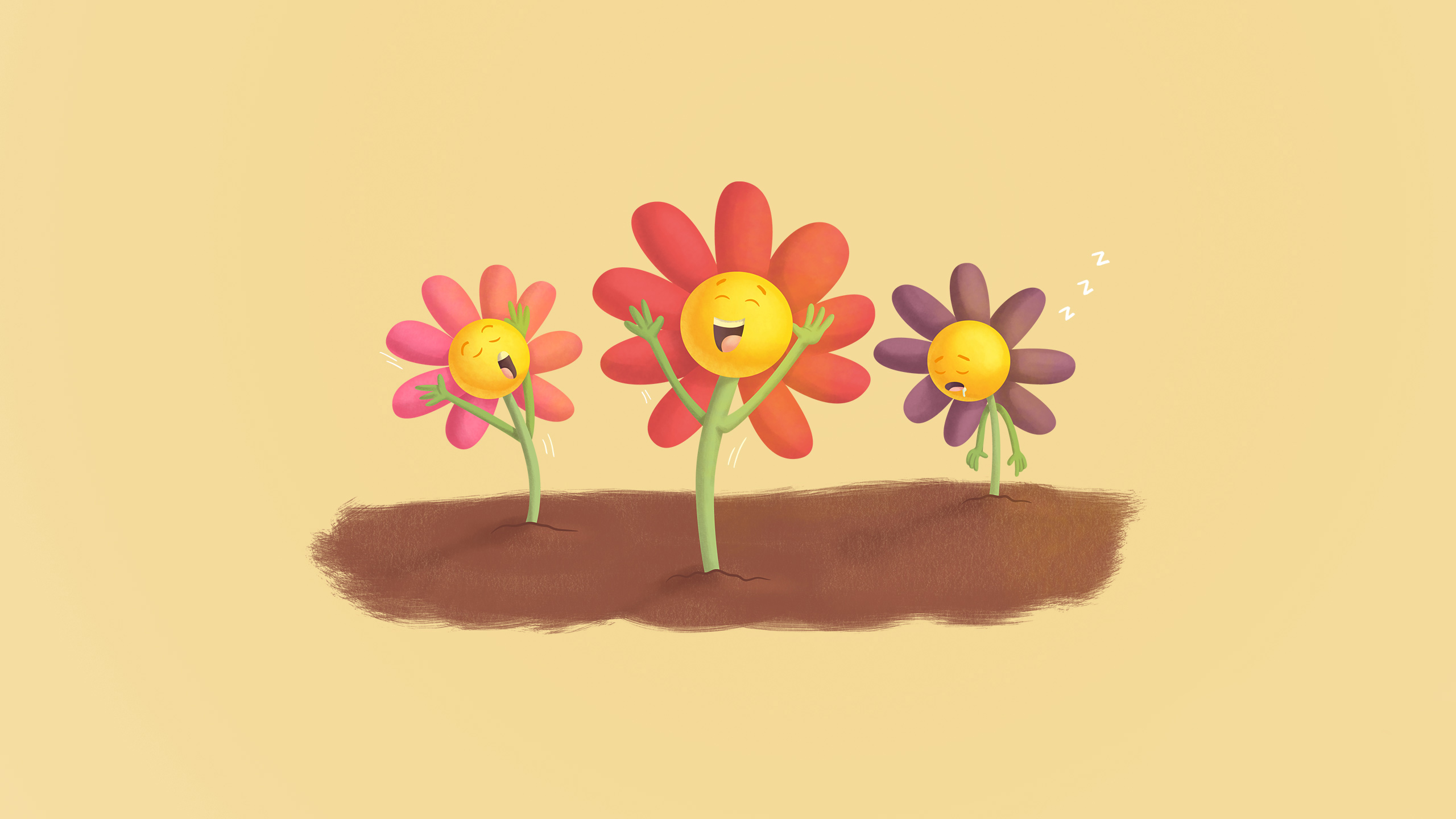 Three cartoon flowers with faces in a garden HD Wallpaper