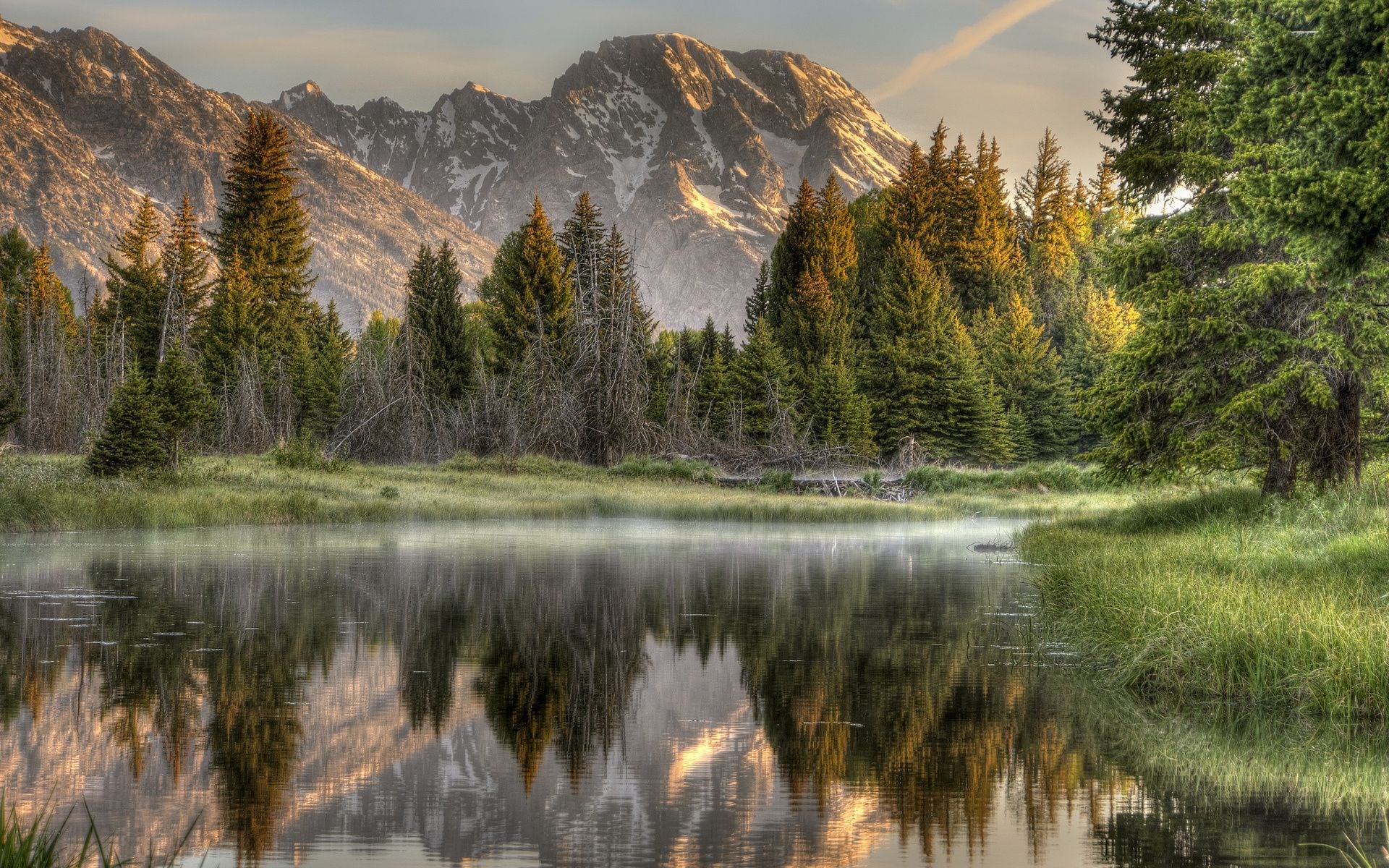 Mountain range reflected in a misty lake with pine trees HD Wallpaper