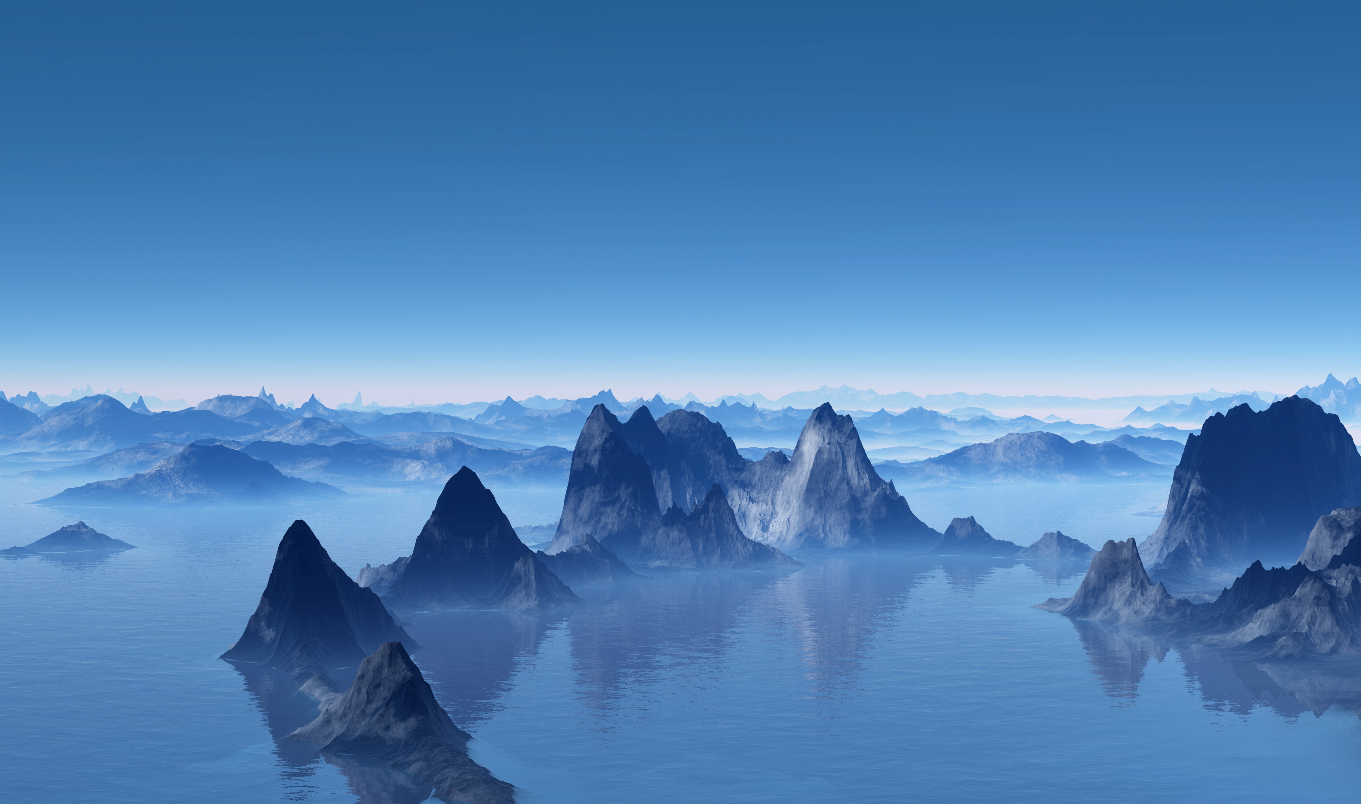 Misty mountains rise from a calm ocean under a clear blue sky. HD Wallpaper