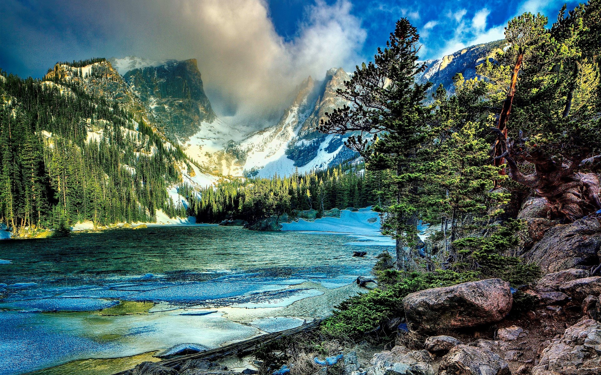 Rocky Mountains lake with pine trees and snow-capped peaks HD Wallpaper