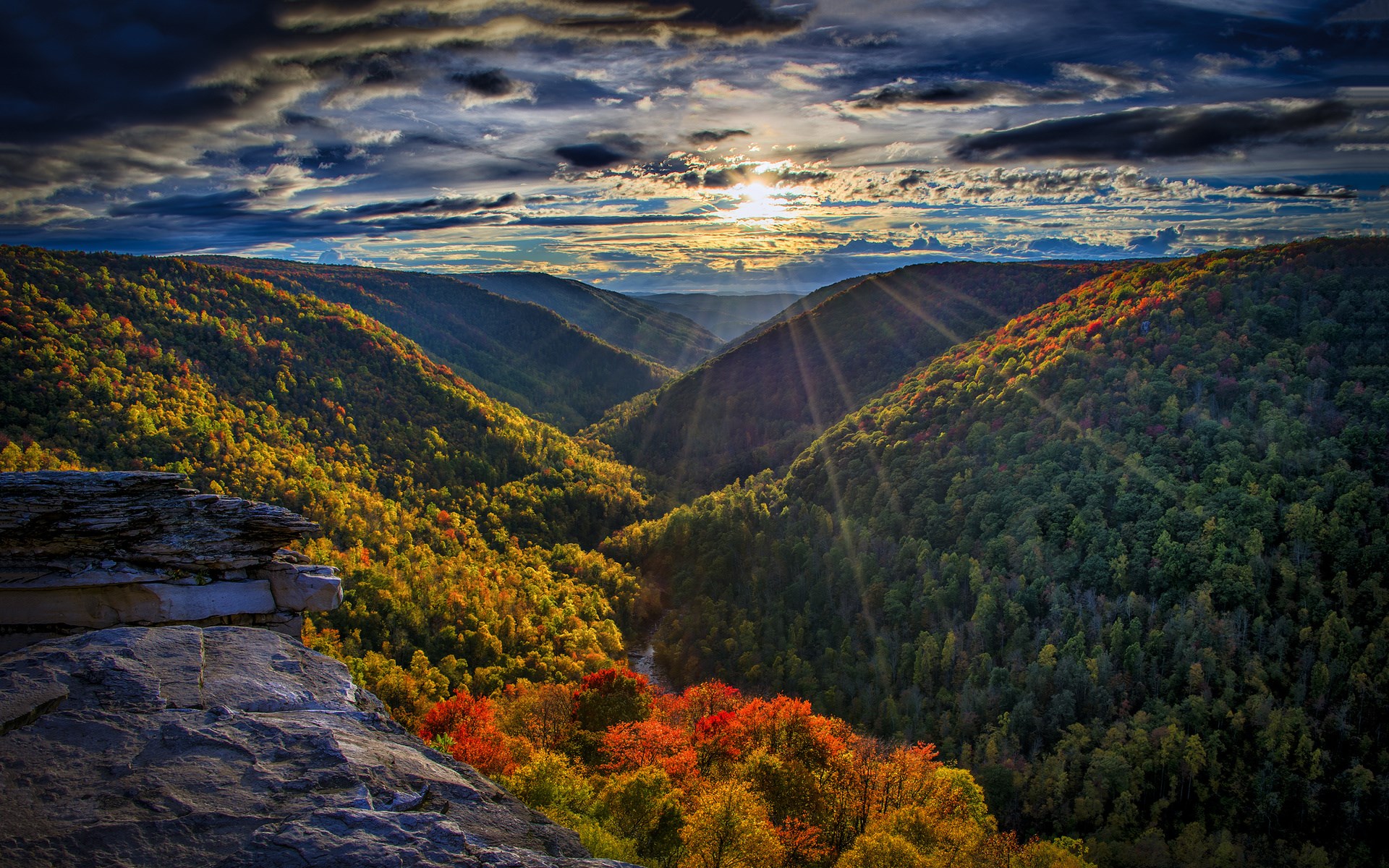 Sunlight over autumn forest valley from rocky overlook HD Wallpaper