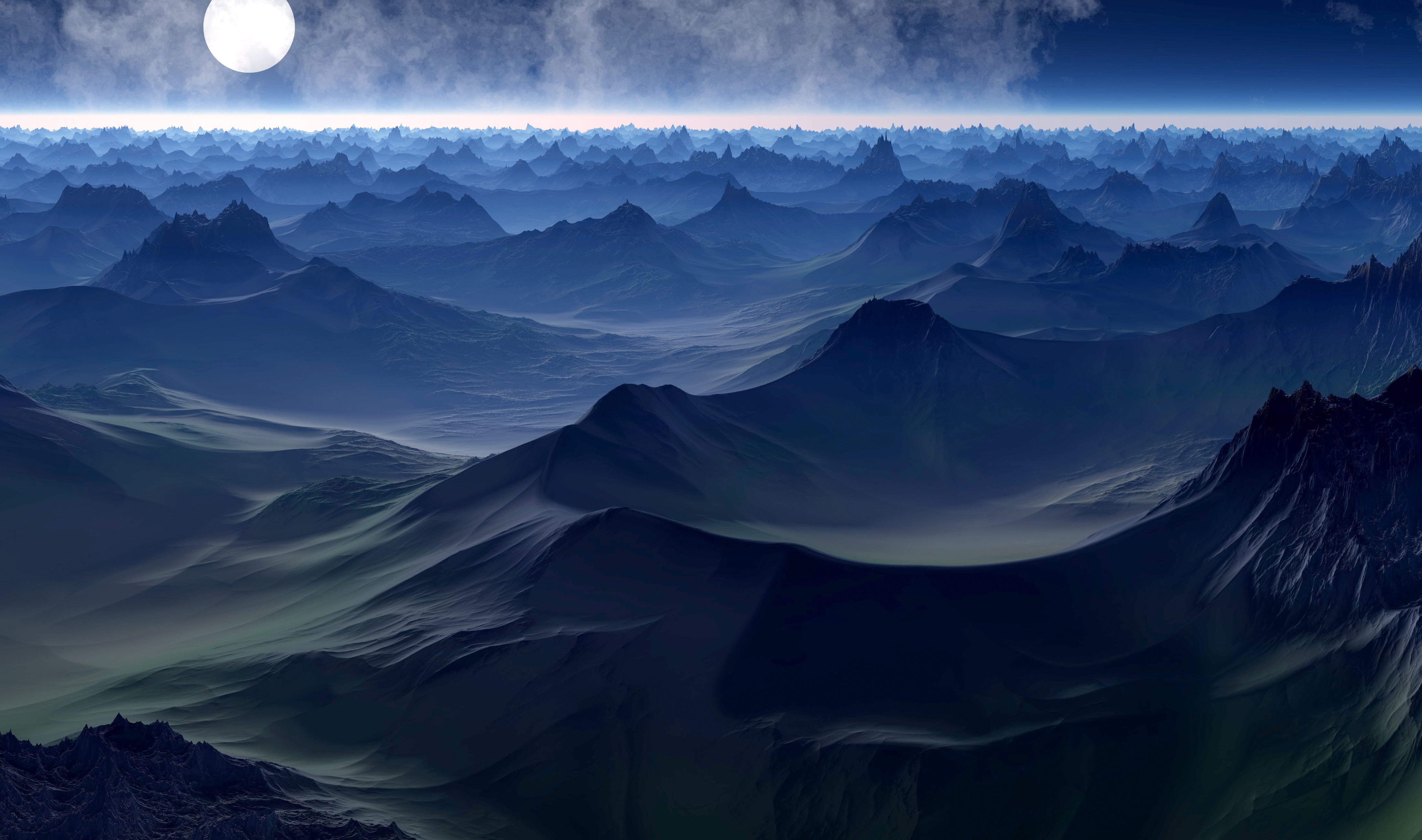 Moonlit alien mountain range landscape HD Wallpaper