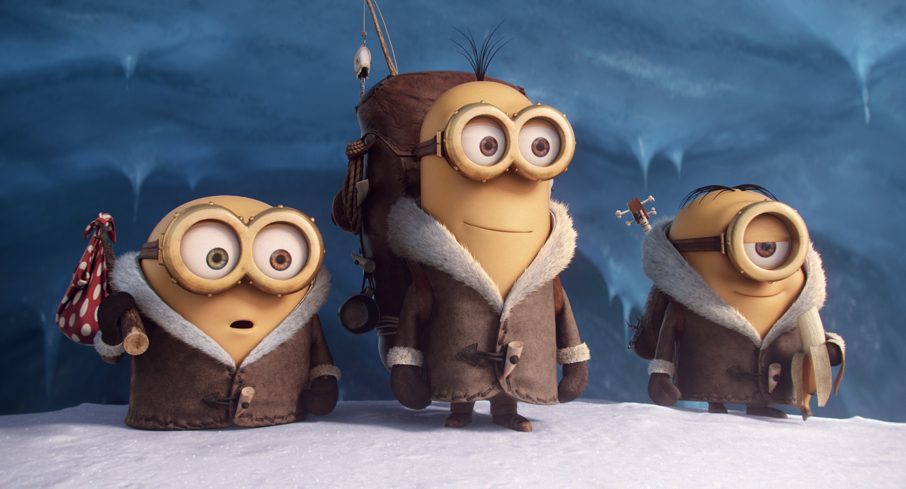 Minions Kevin, Stuart, and Bob in the snow HD Wallpaper