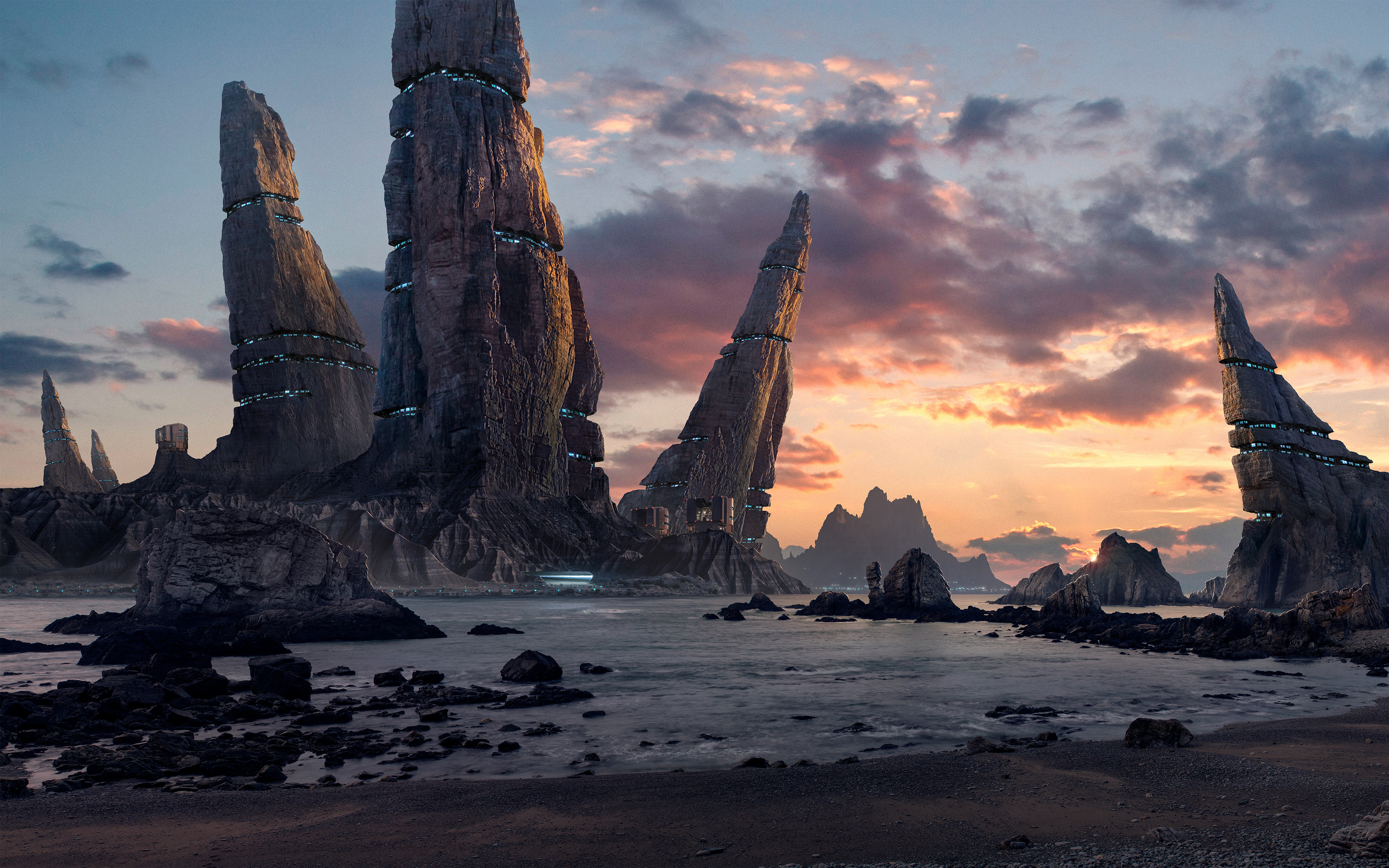 Alien Colony Structures on Rocky Shoreline at Sunset 4K HD Wallpaper