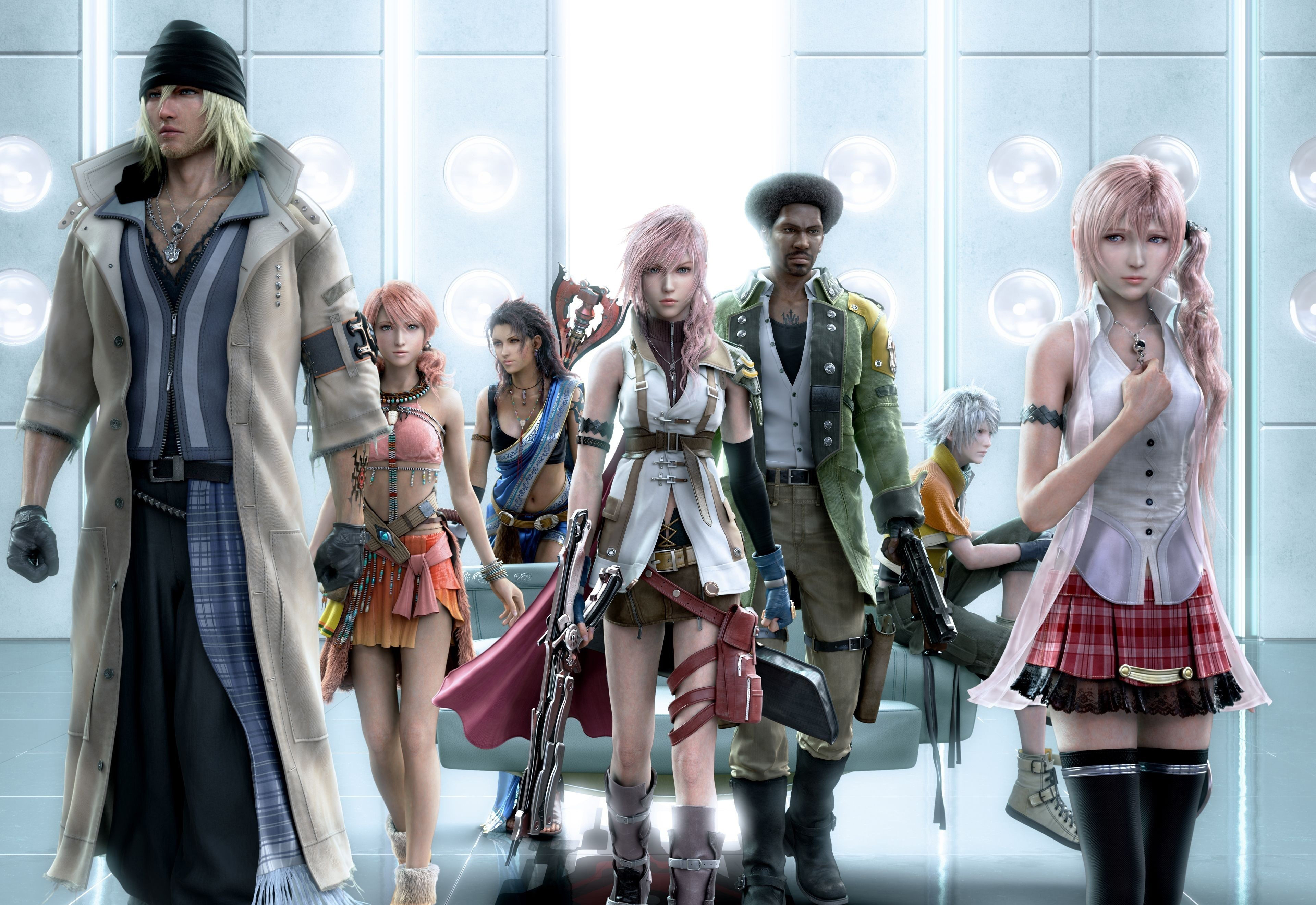 Final Fantasy characters in a futuristic setting HD Wallpaper