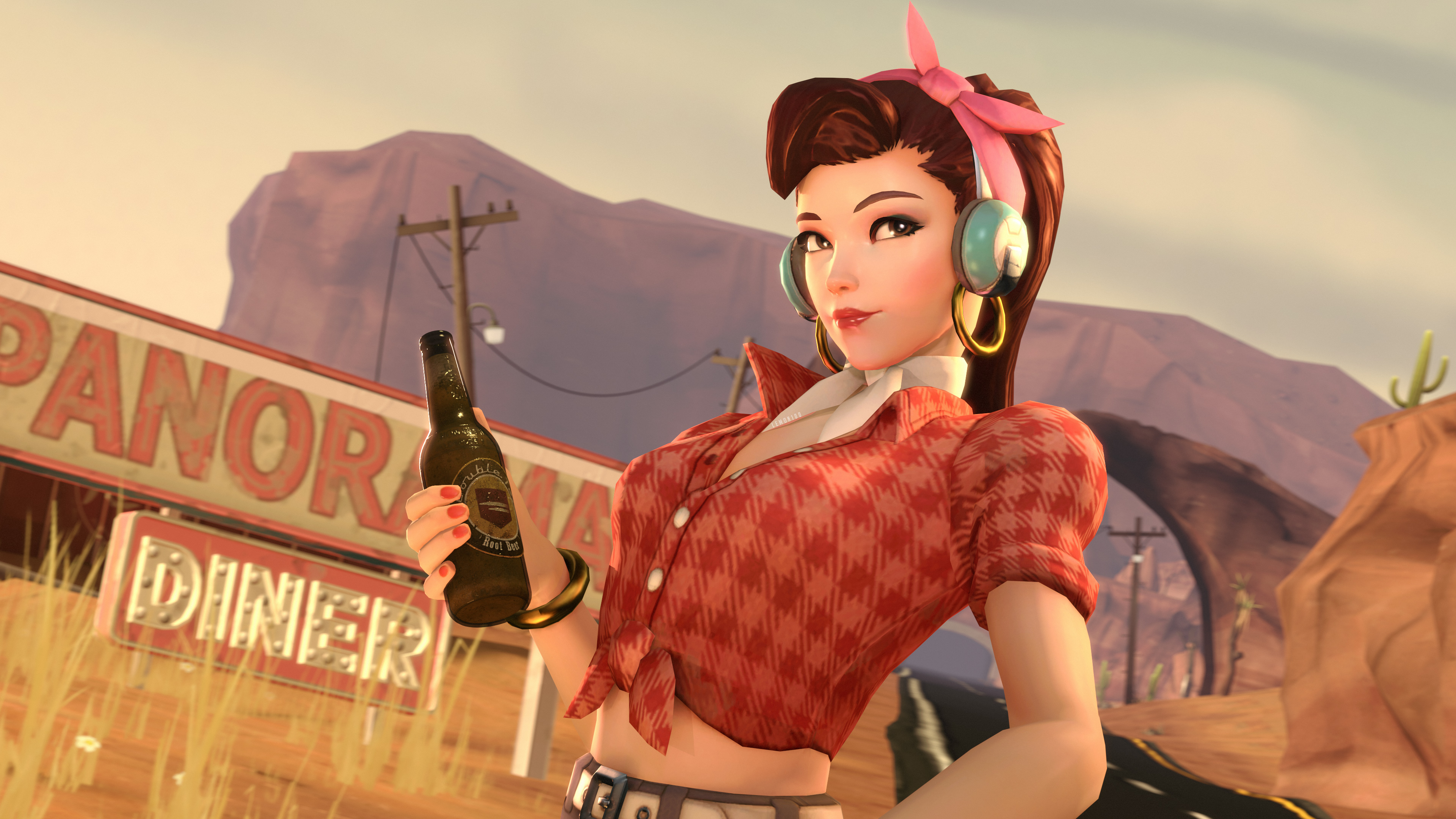 Cruiser D.Va from Overwatch holding a beer bottle HD Wallpaper