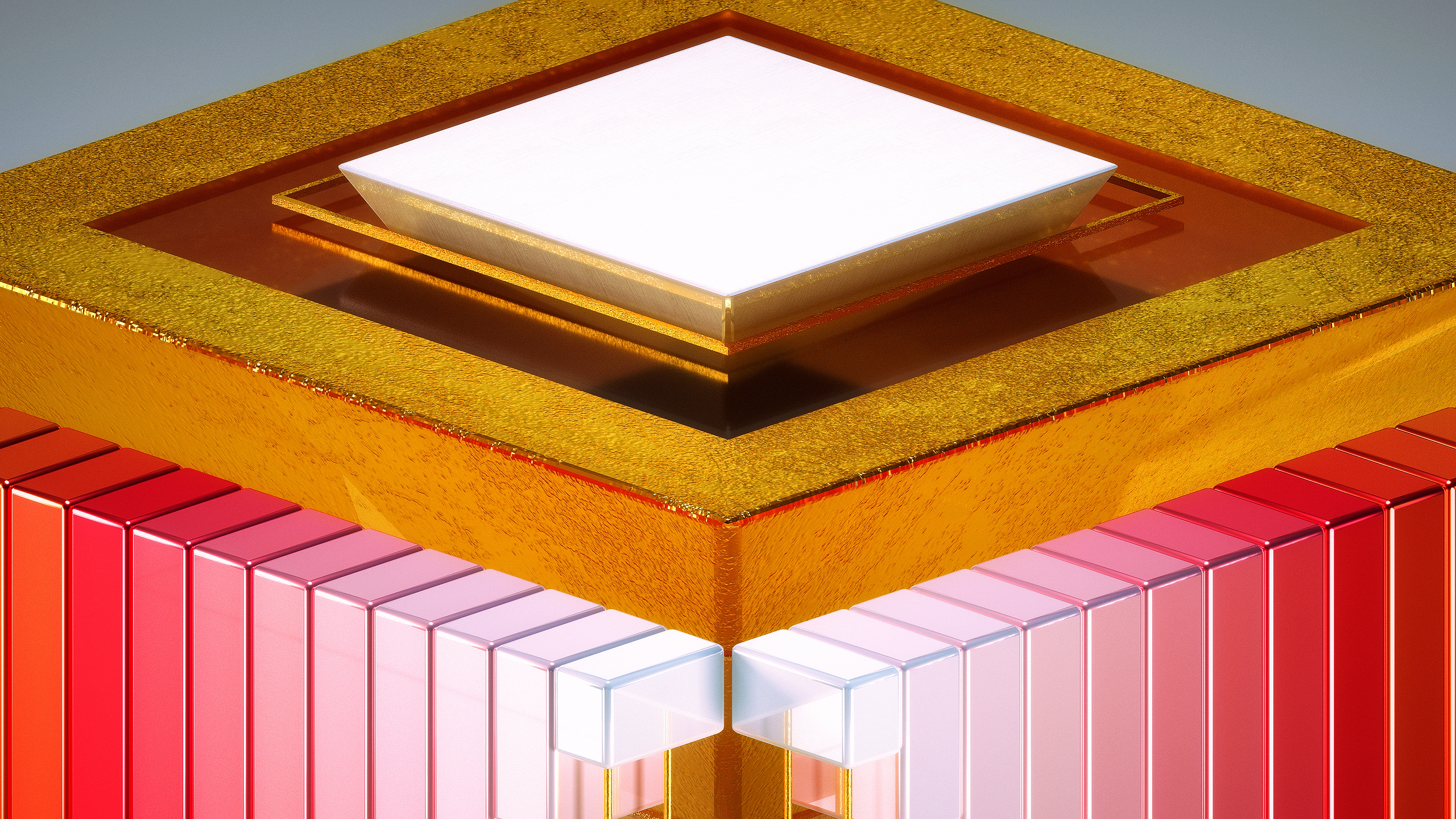 Abstract geometric structure with gold and red elements HD Wallpaper