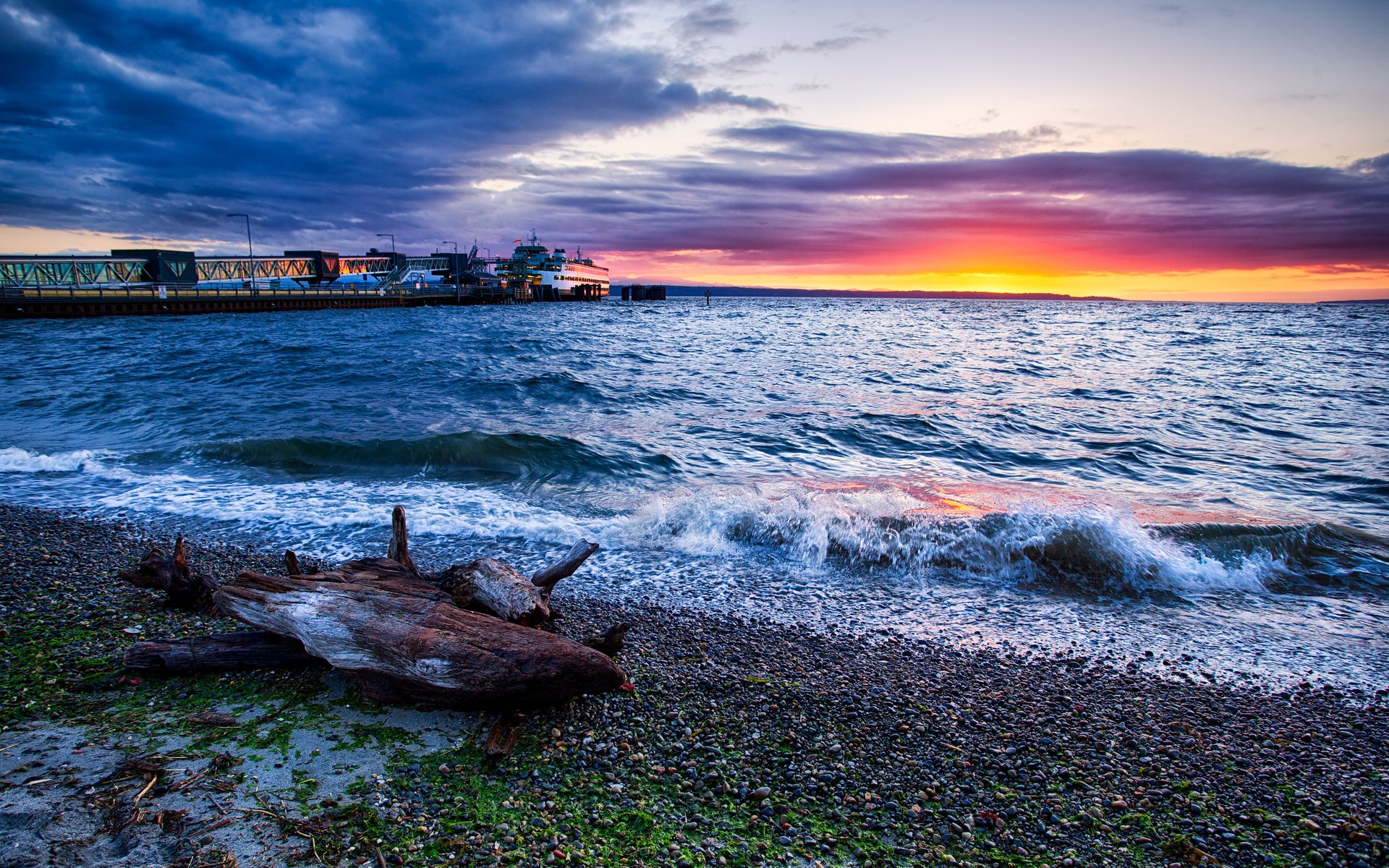 Sunset over Puget Sound with ferry terminal HD Wallpaper