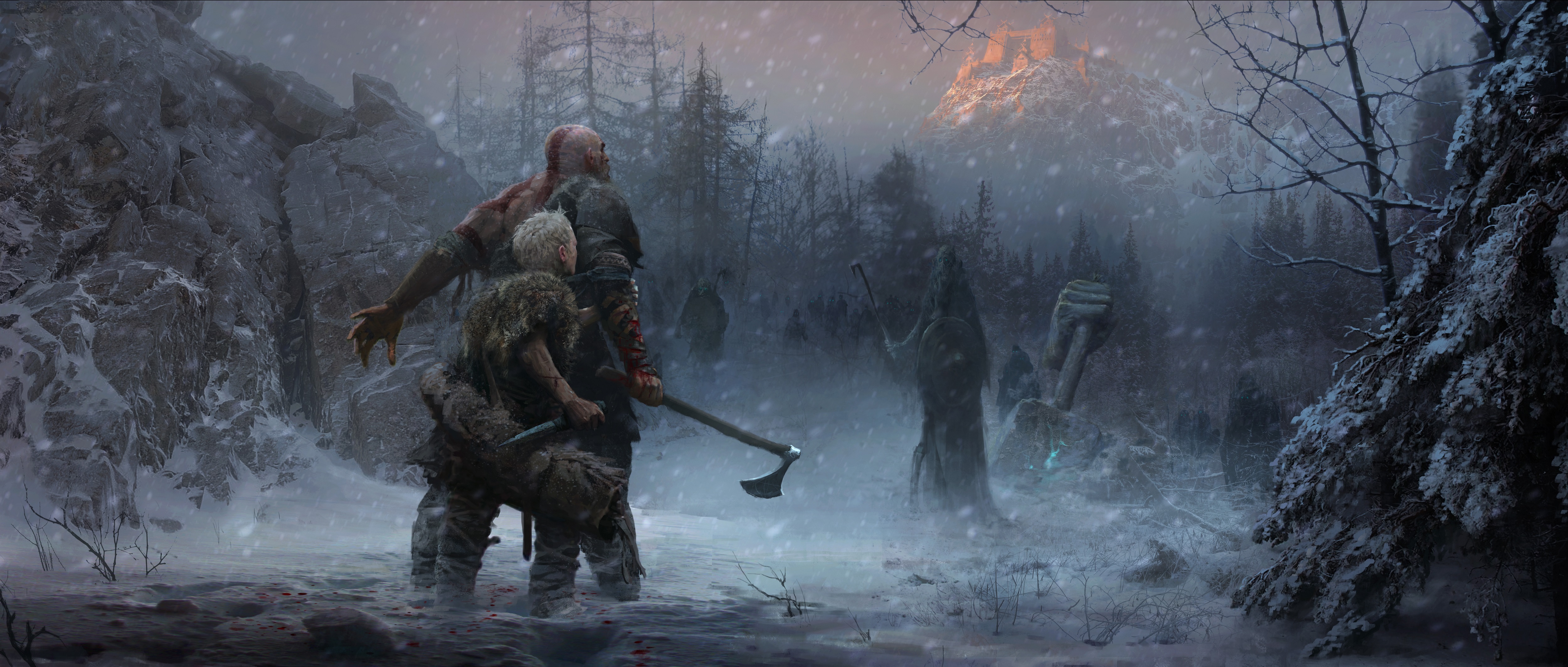 God of War Kratos and Atreus in snowy forest HD Wallpaper