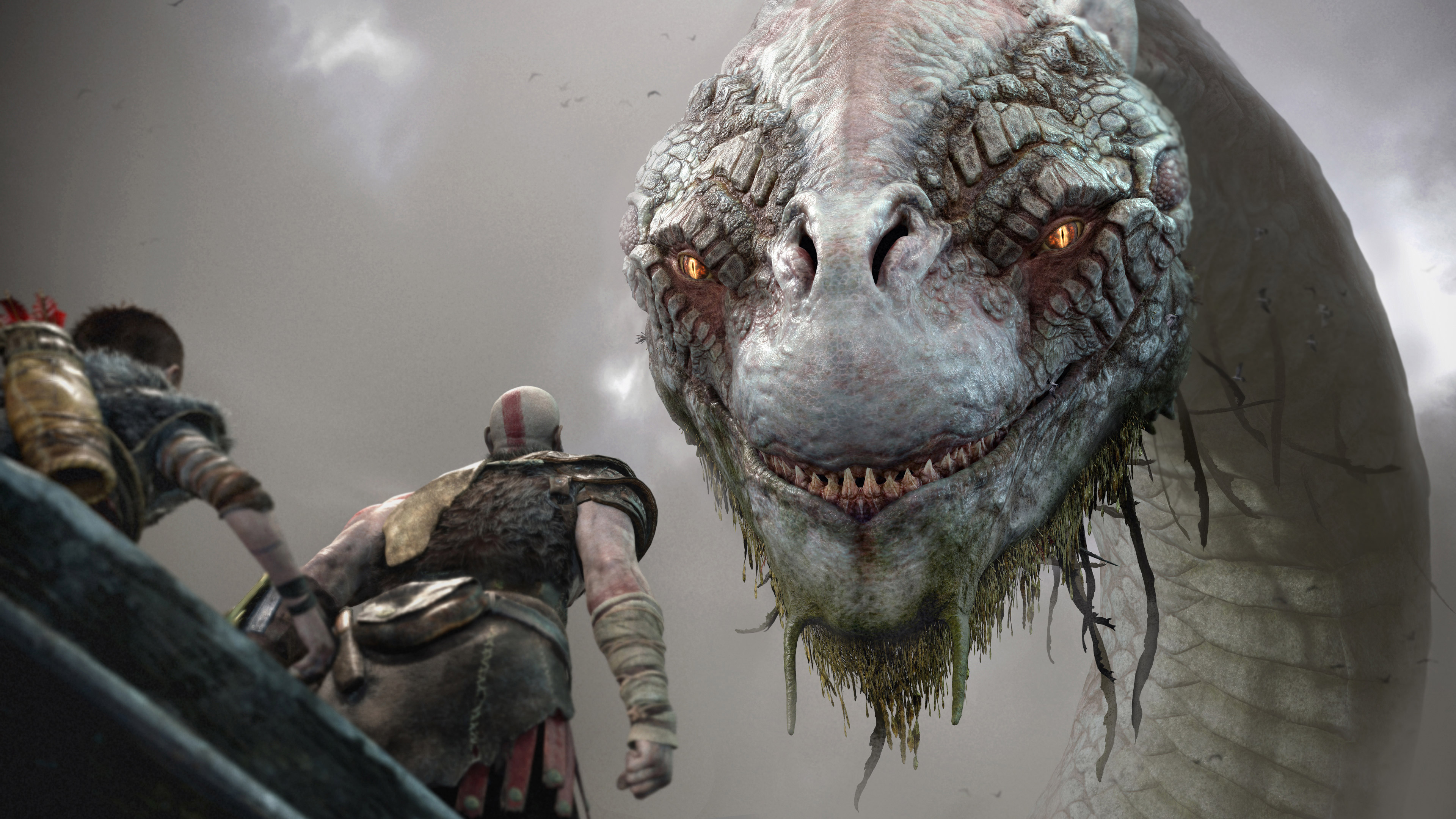 Kratos and Atreus face Jörmungandr in God of War HD Wallpaper