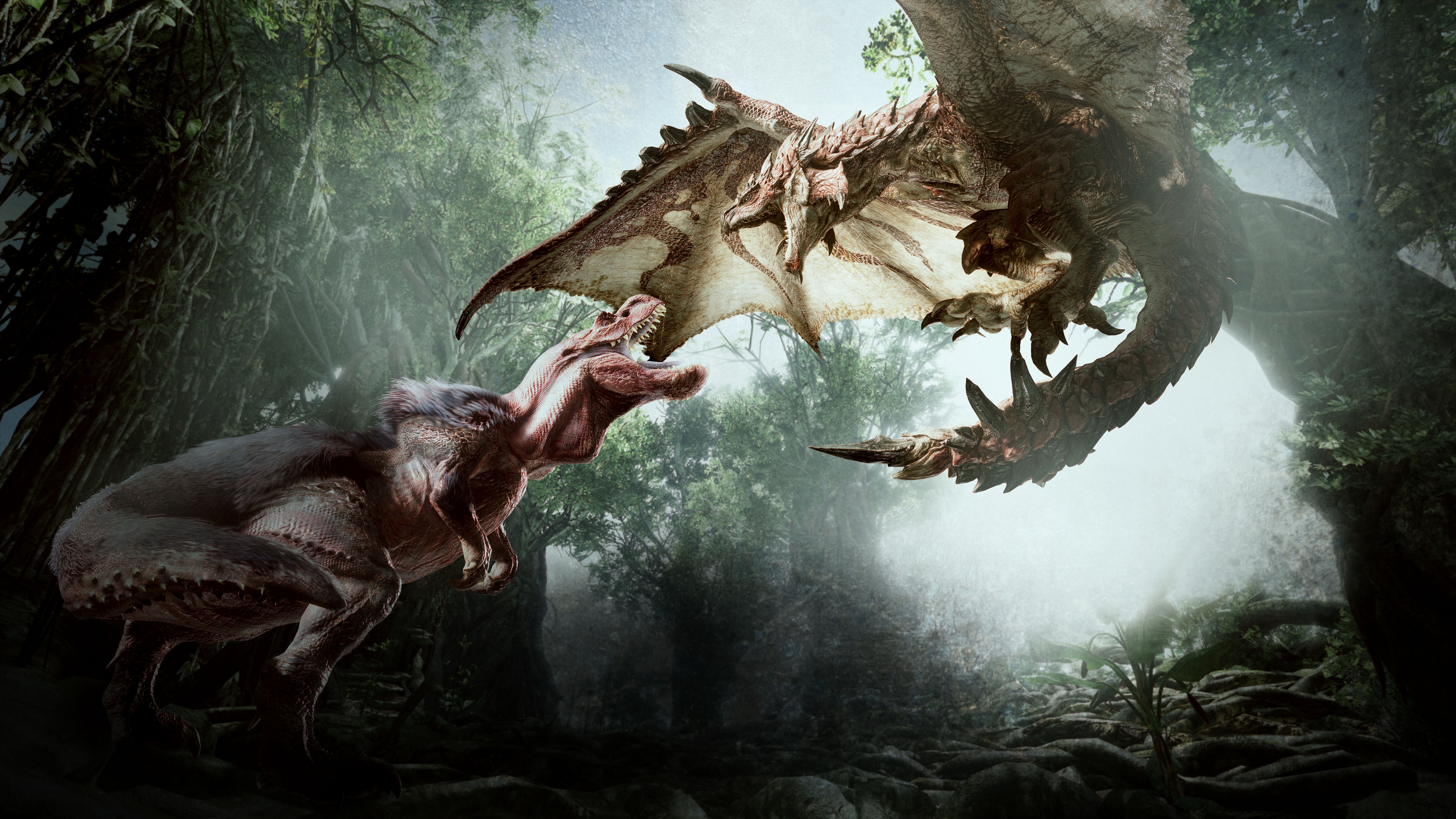 Monster Hunter World: Dinosaur and Dragon Fight HD Wallpaper