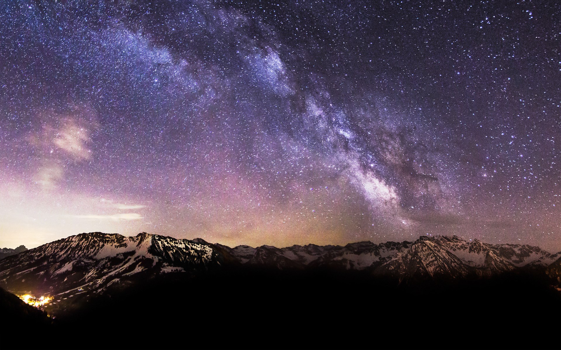 Milky Way over snow-capped mountains at night HD Wallpaper