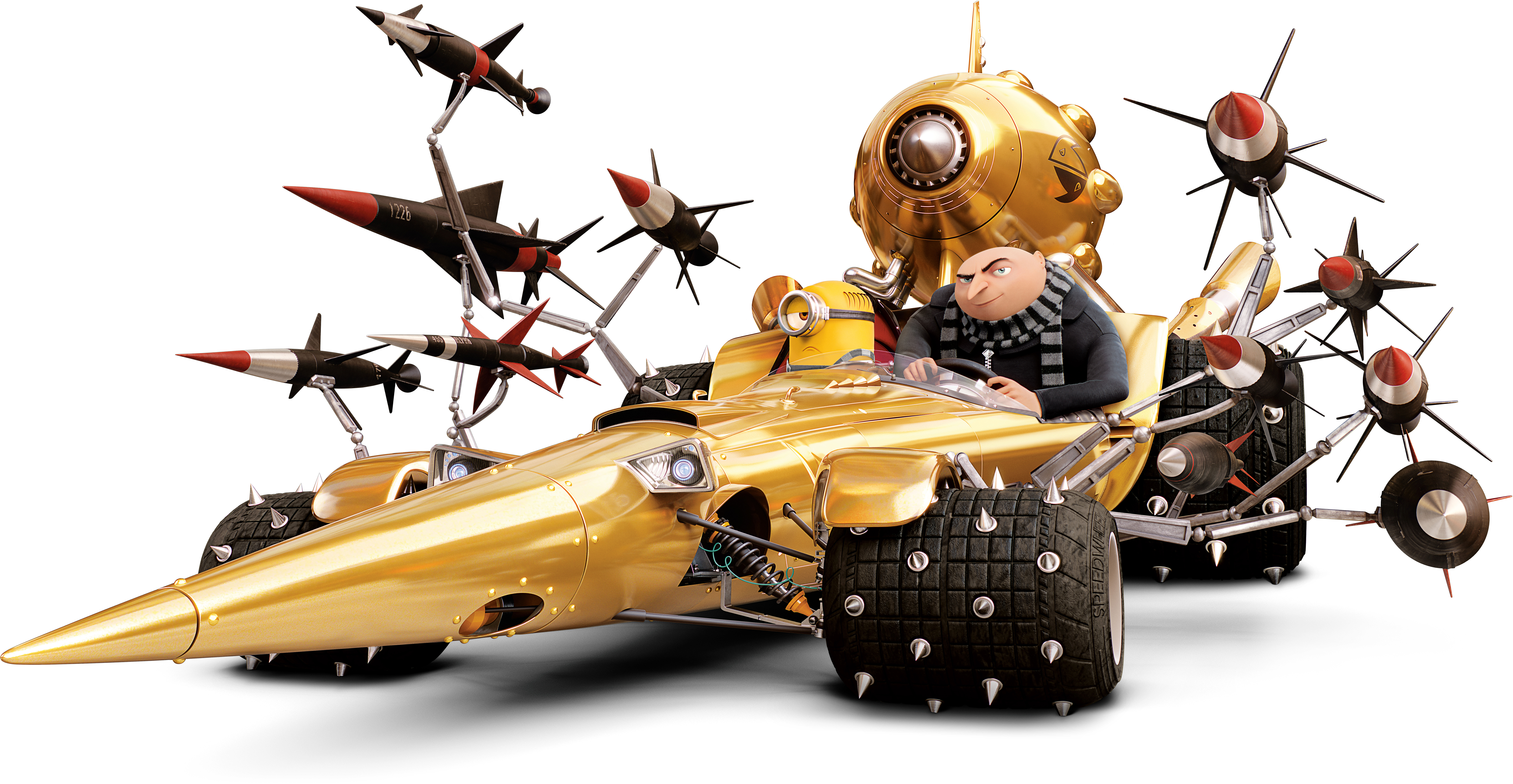Gru from Despicable Me 3 in a golden car with missiles HD Wallpaper