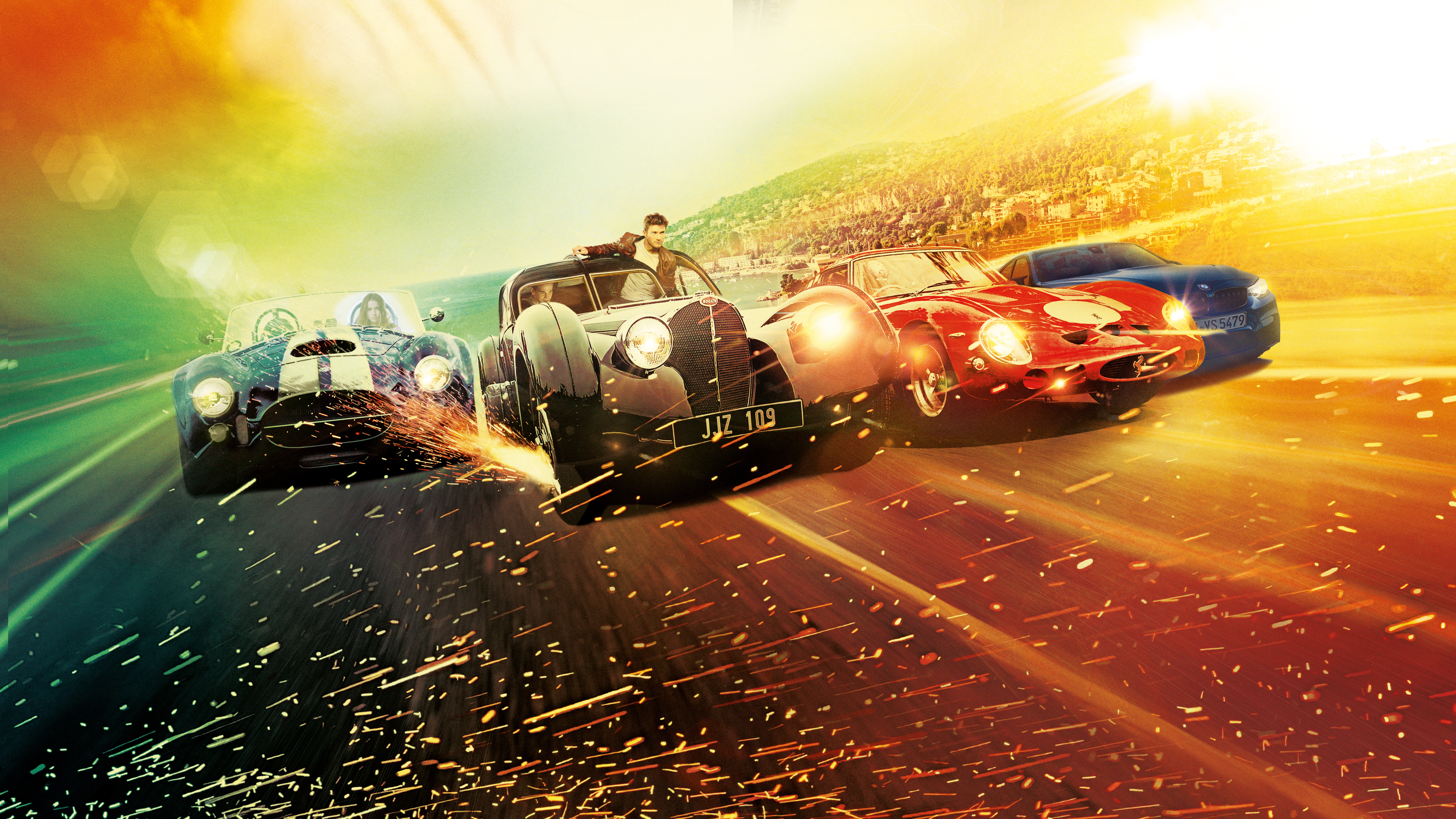 Four vintage and modern cars racing on a track HD Wallpaper