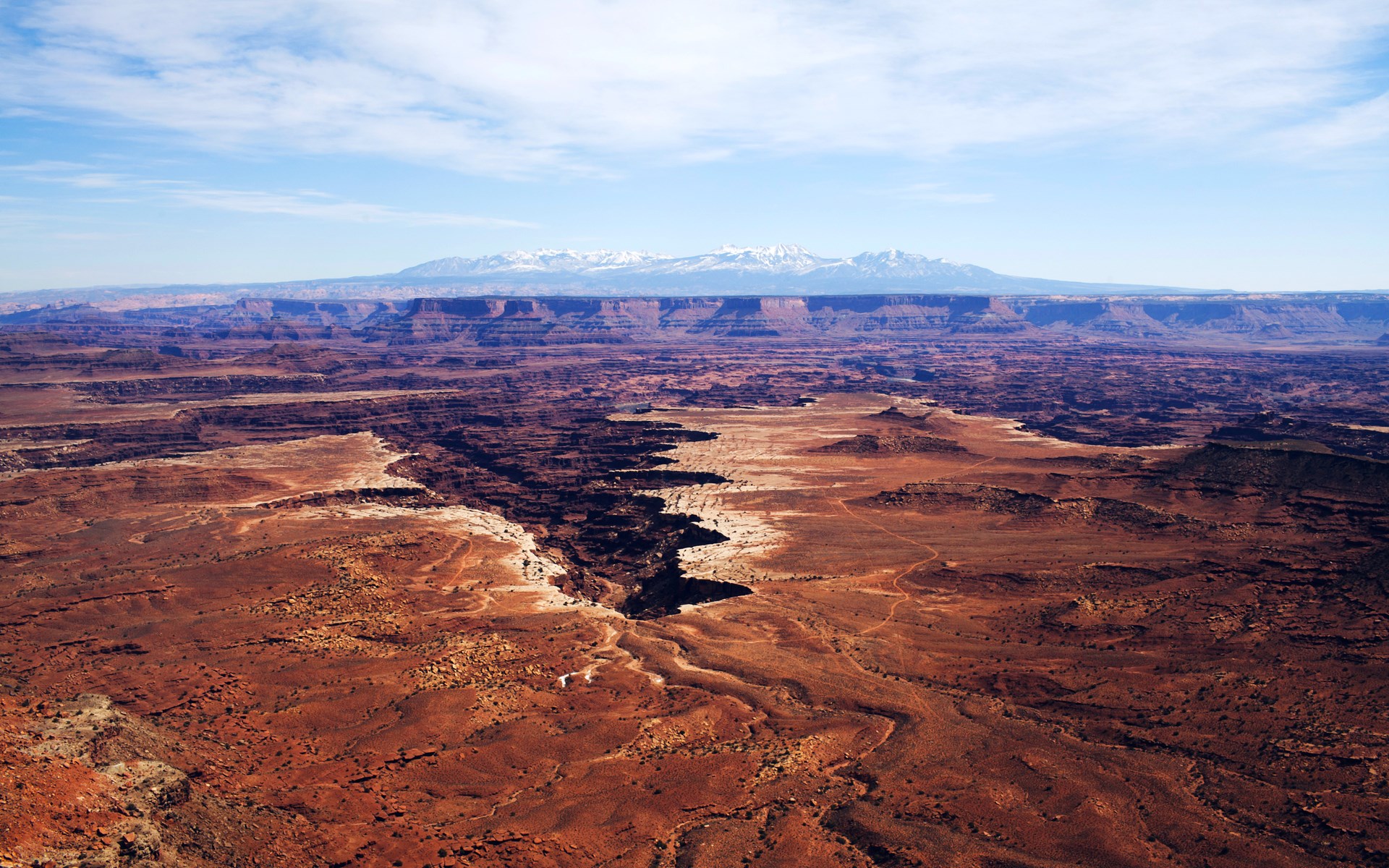 Canyonlands National Park with snow-capped mountains in the distance HD Wallpaper