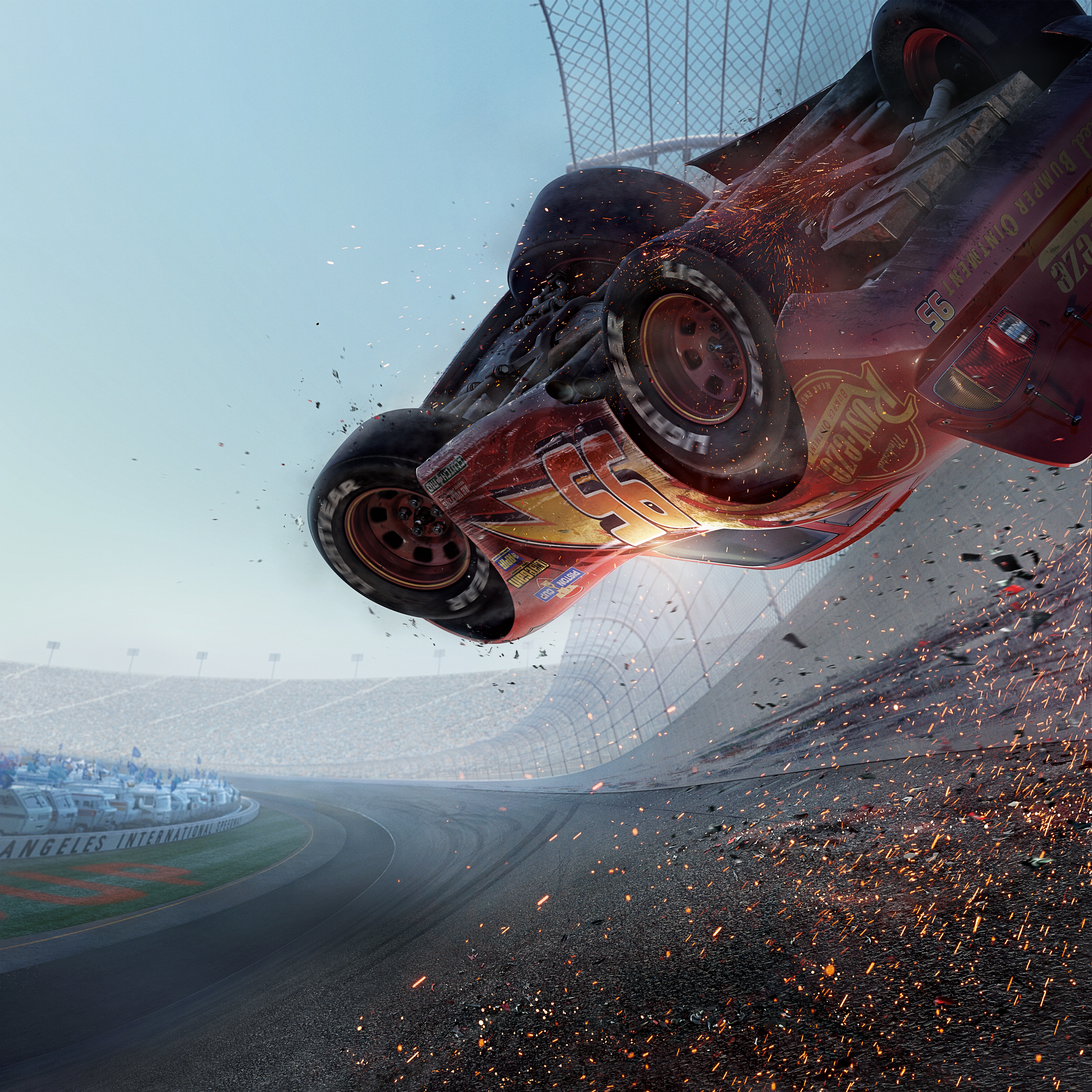 Lightning McQueen from Cars 3 crashing on a racetrack HD Wallpaper