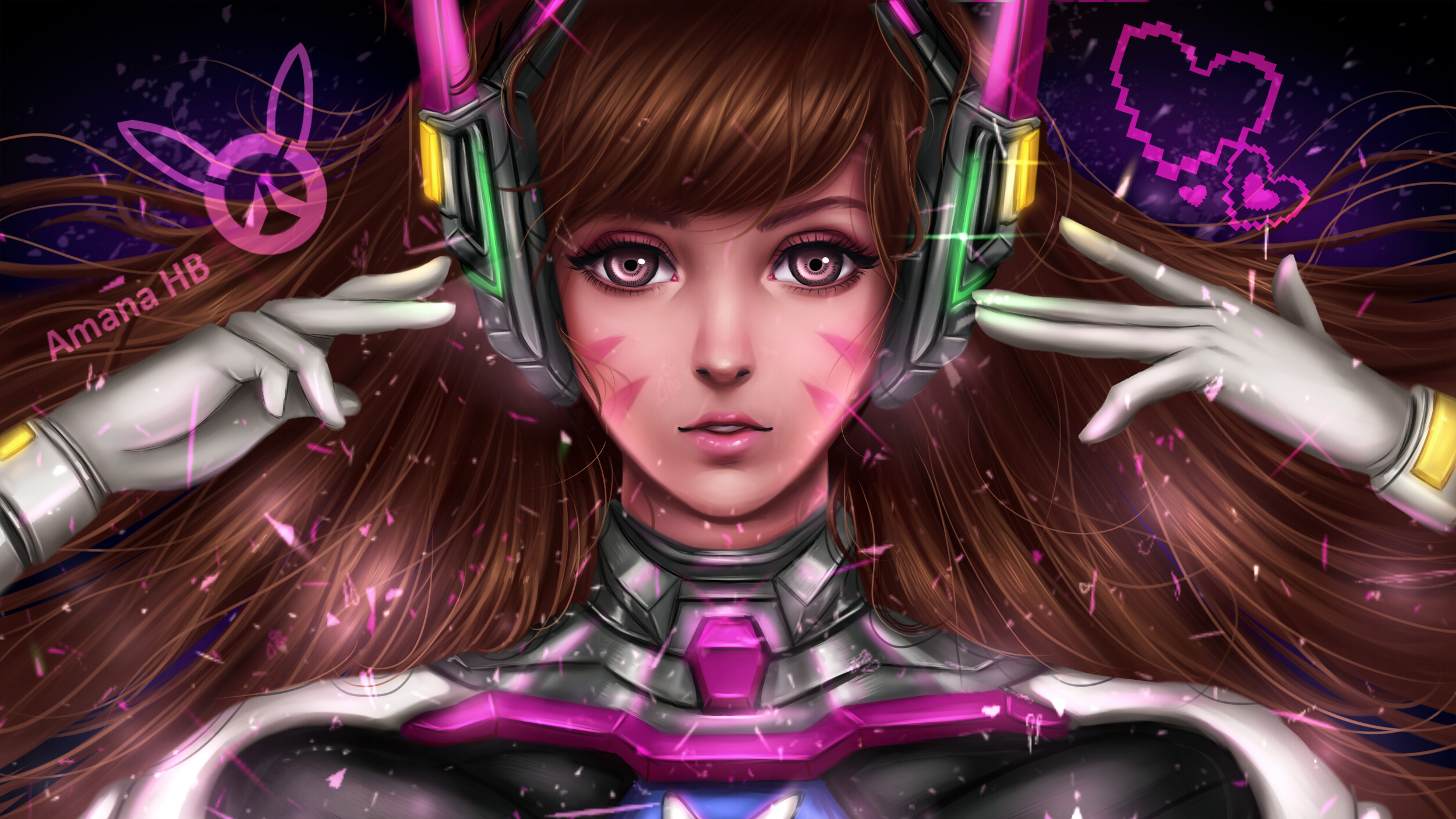 D.Va from Overwatch with bunny logo and pixel hearts HD Wallpaper