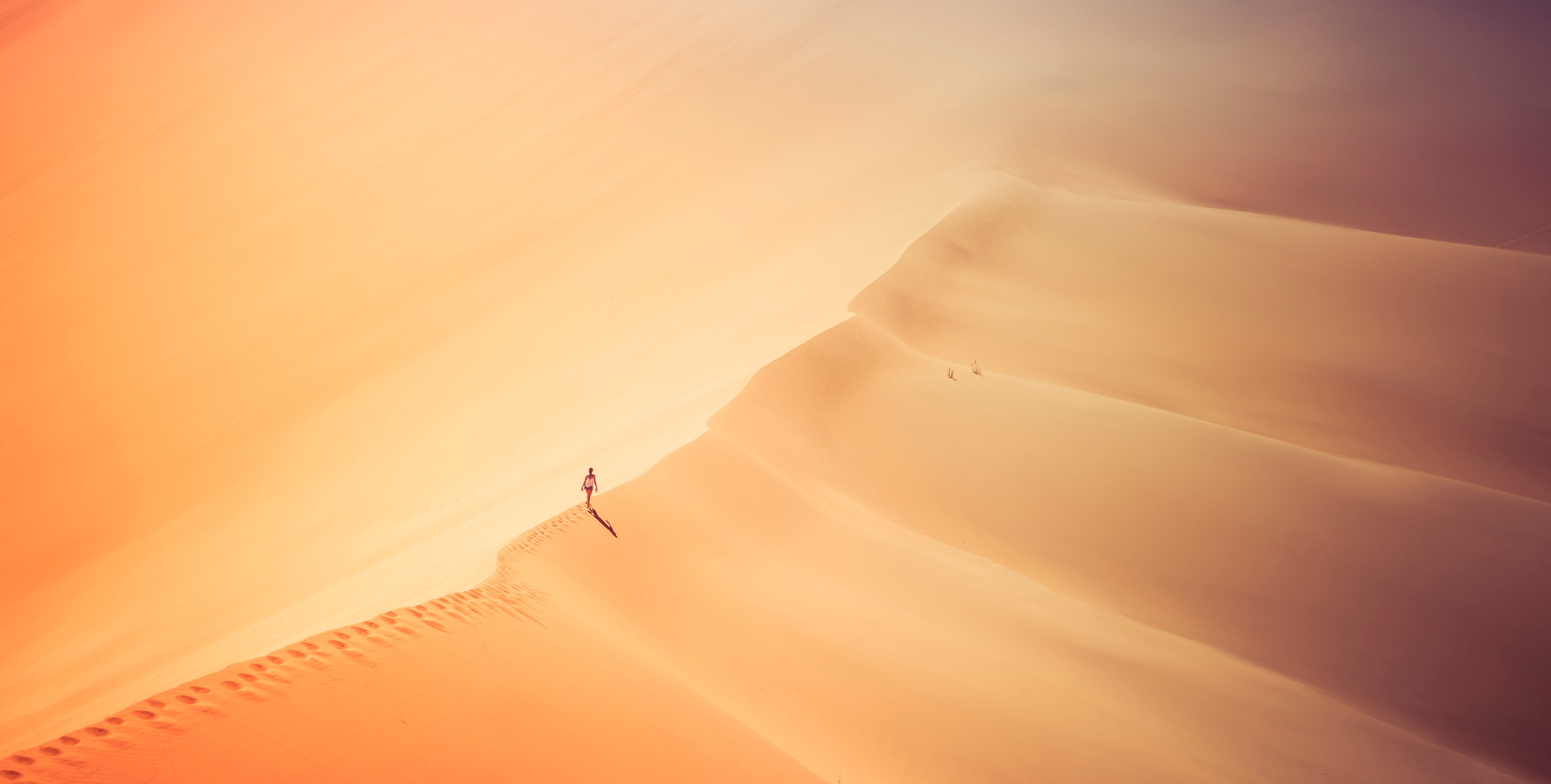A person walks alone on a vast desert dune HD Wallpaper
