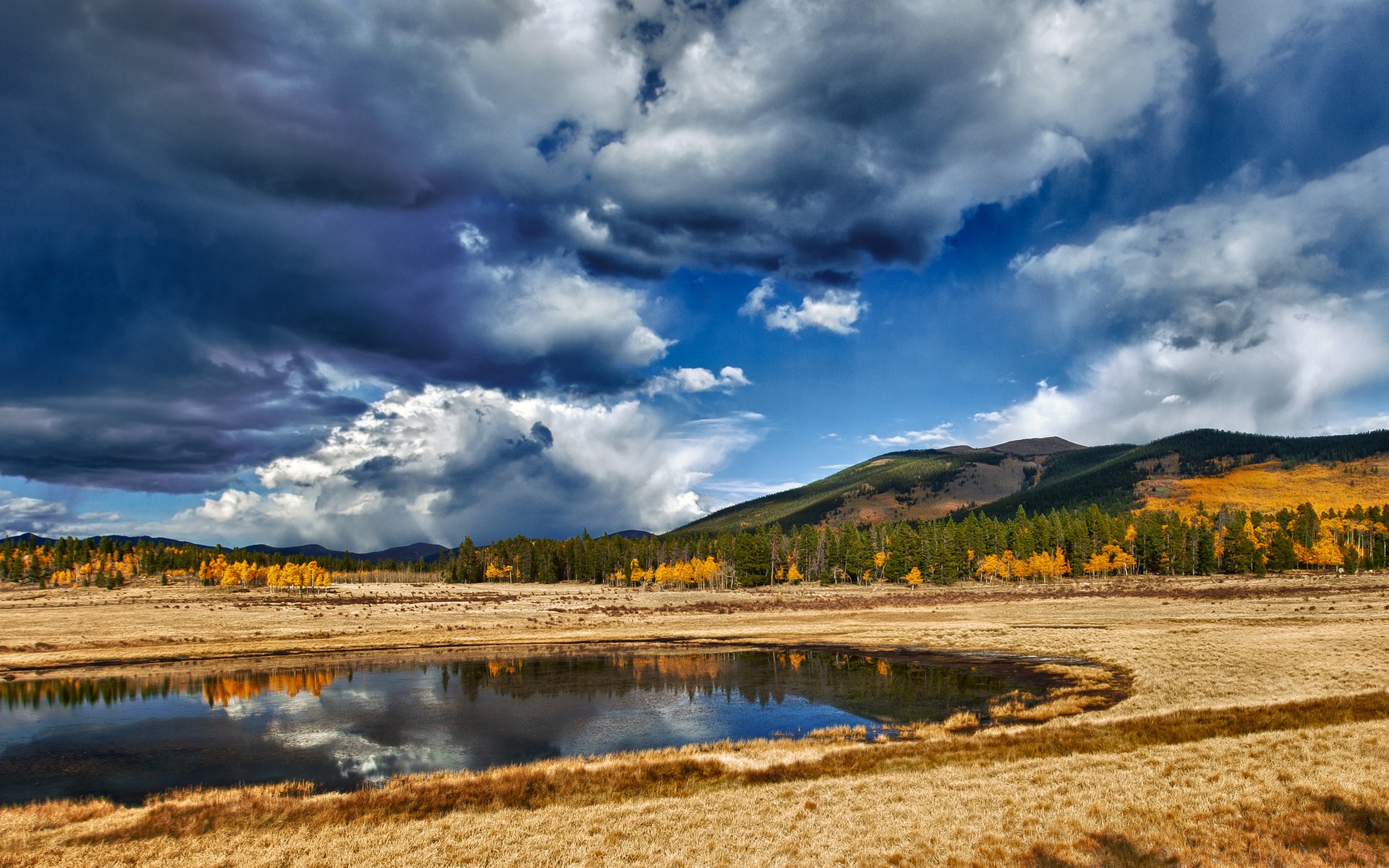 Autumn landscape with lake and stormy clouds HD Wallpaper