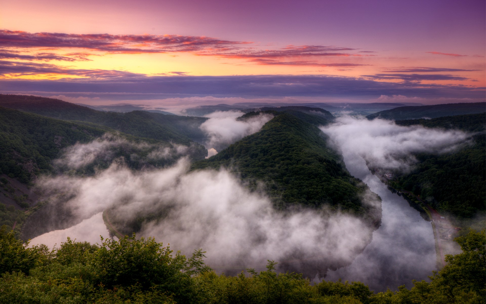 Misty River Valley at Sunrise HD Wallpaper