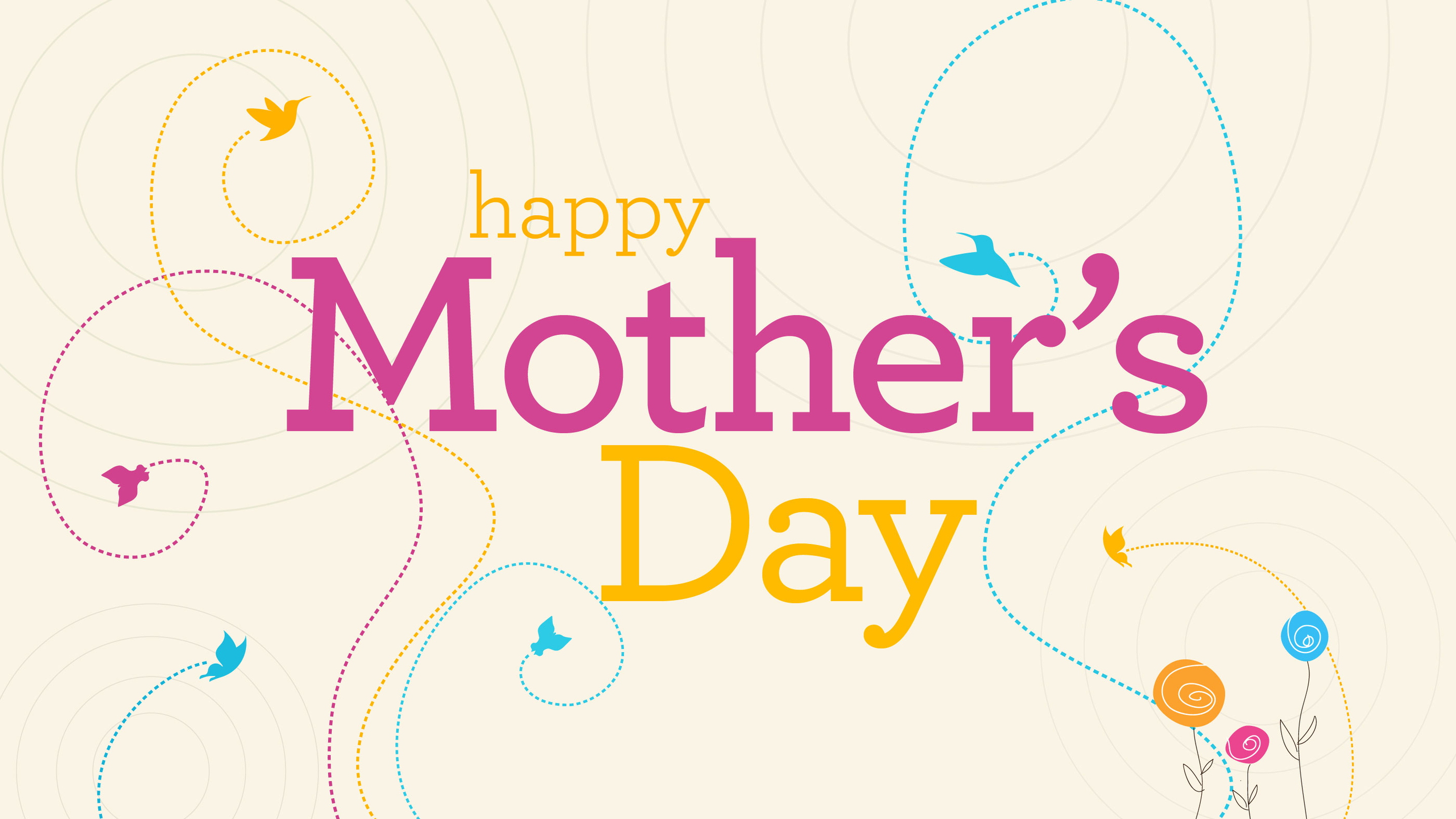 Happy Mother's Day text with birds and flowers HD Wallpaper