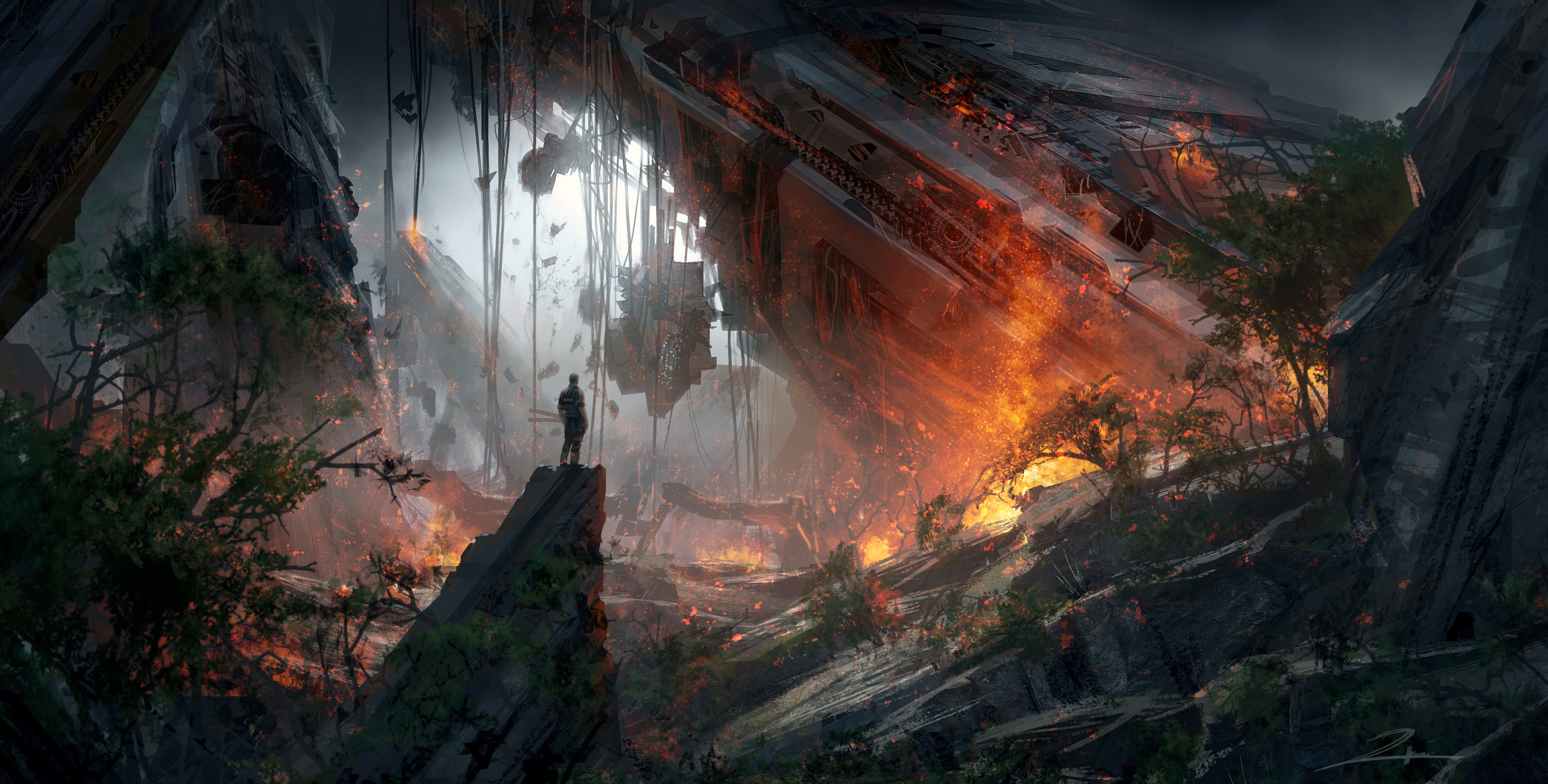 Artwork of a destroyed futuristic structure with a lone figure HD Wallpaper