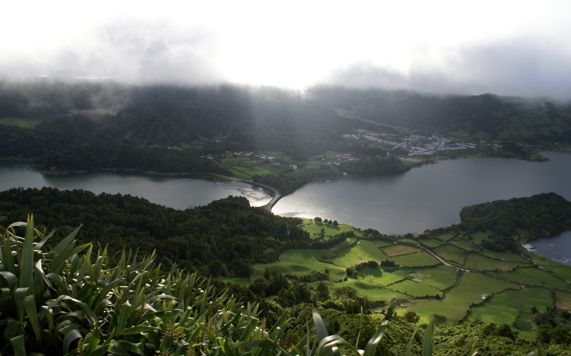 View of Sete Cidades lakes and village from viewpoint HD Wallpaper