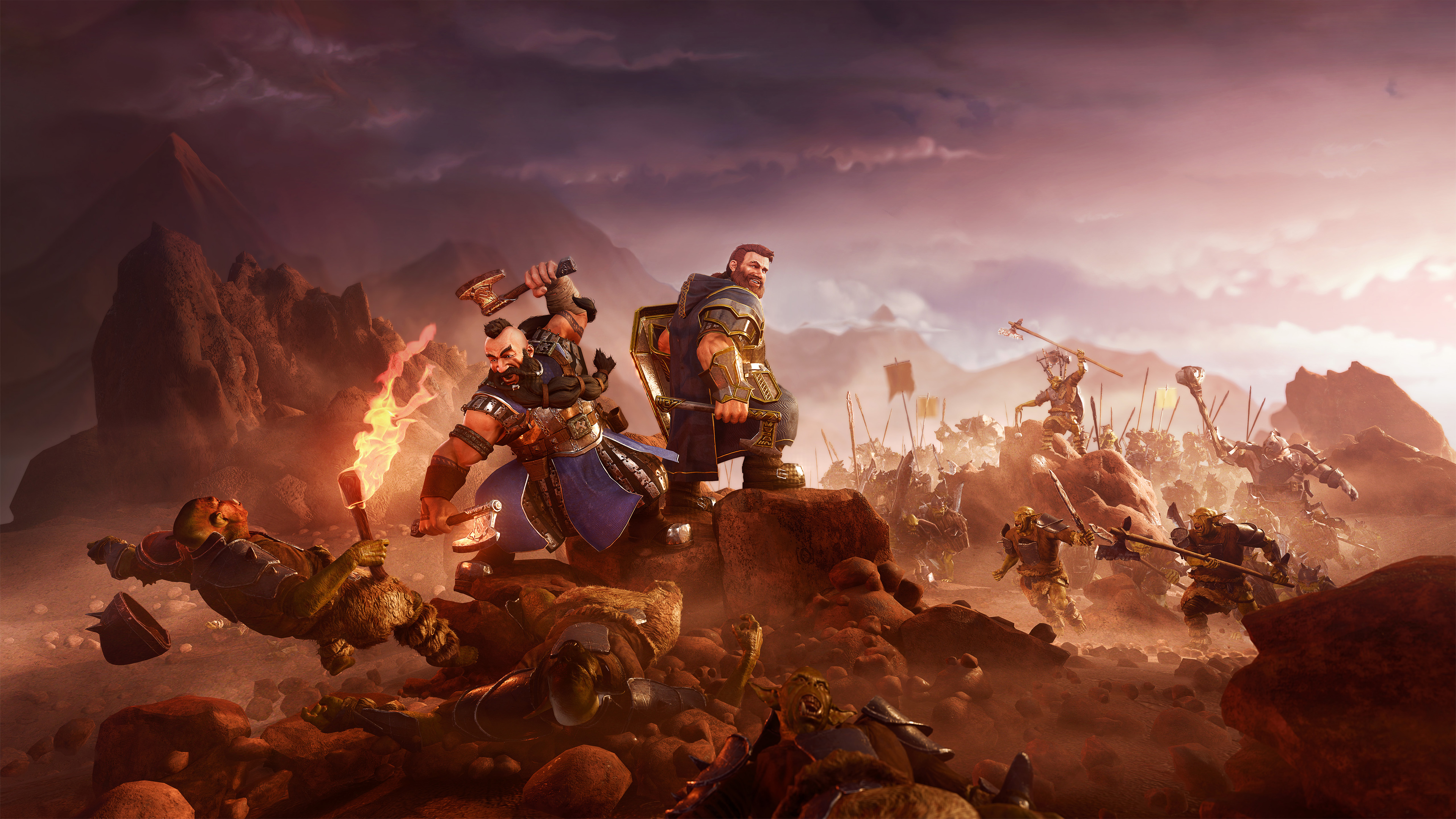 Dwarves battling Orcs in a war-torn landscape HD Wallpaper