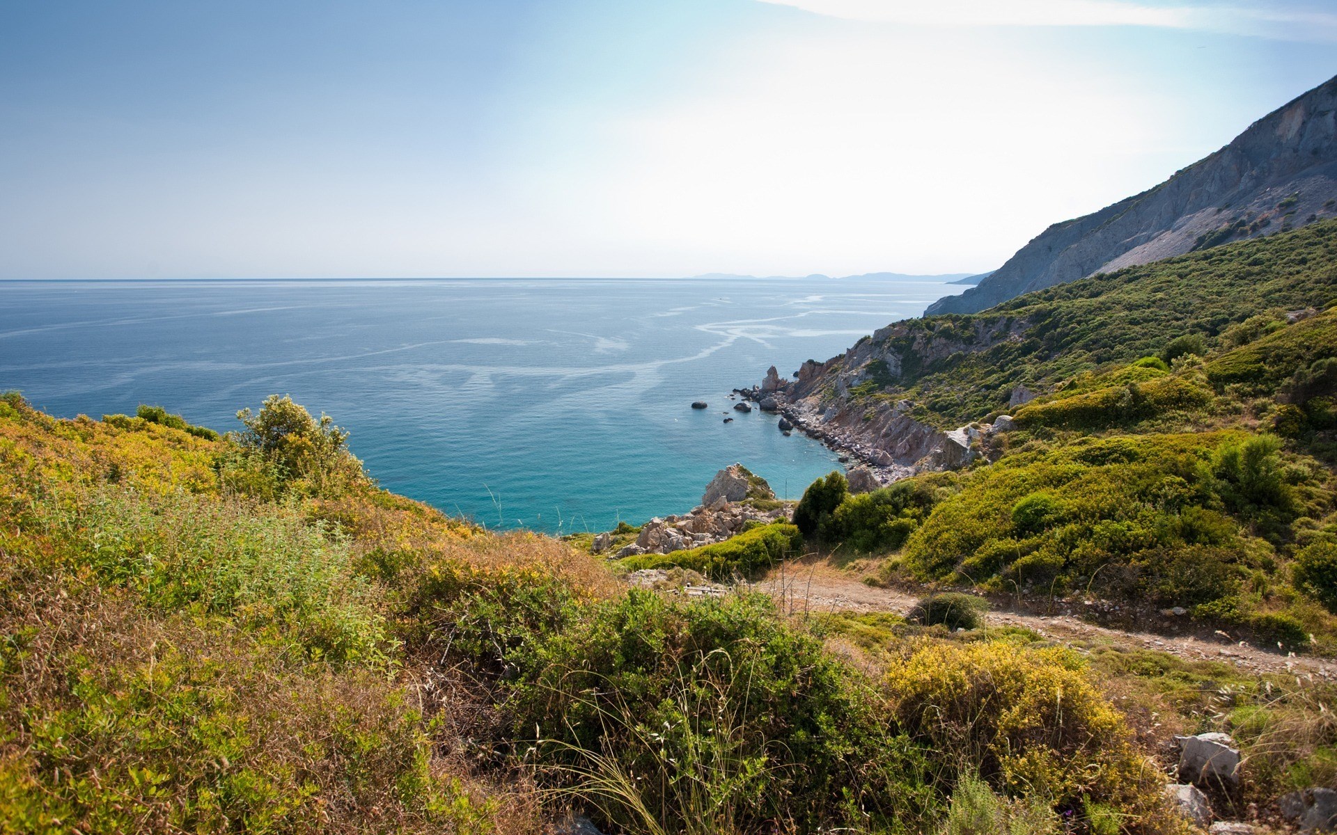 Coastal landscape with rocky cove and green hills HD Wallpaper