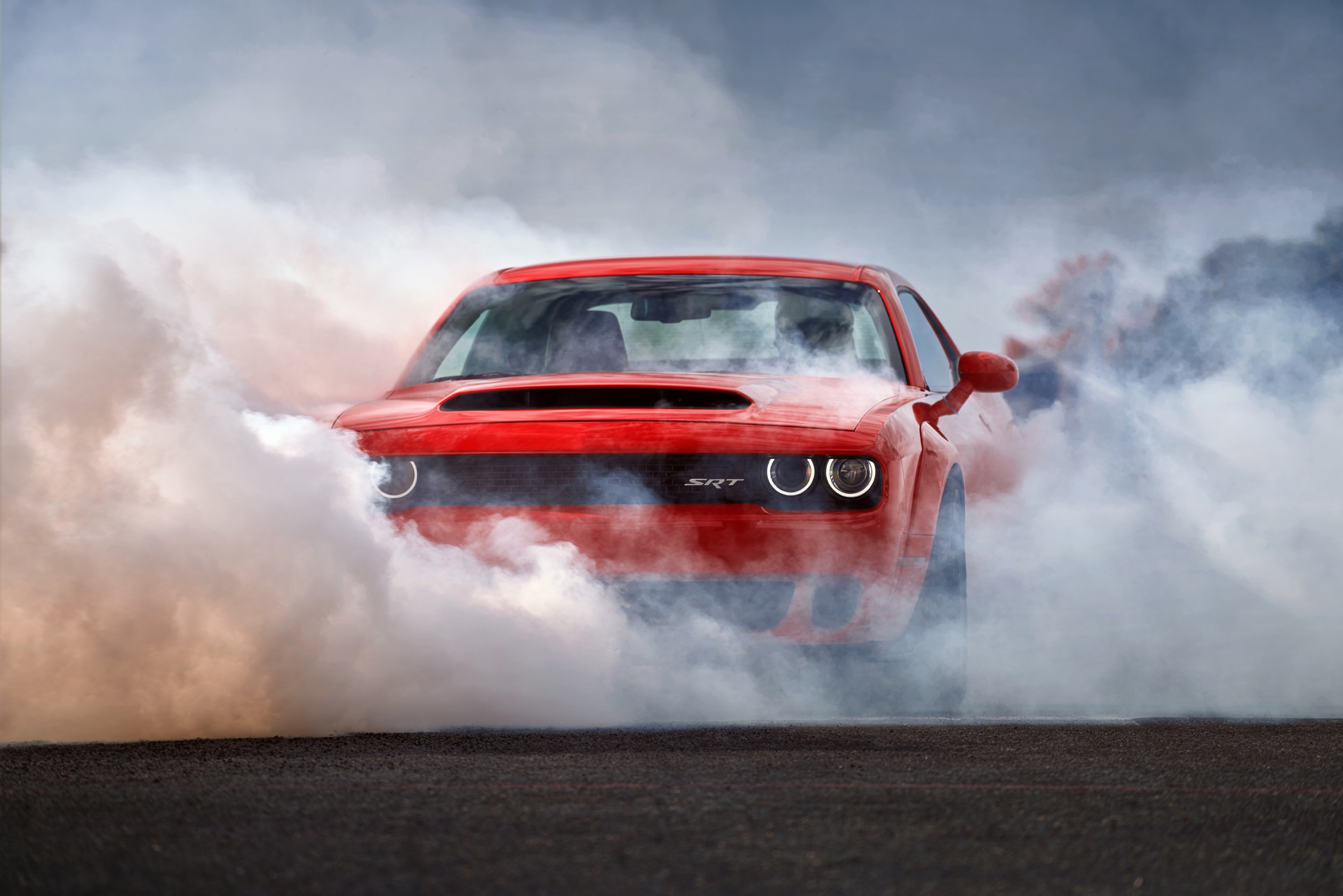 Red Dodge Challenger SRT Demon doing a burnout HD Wallpaper