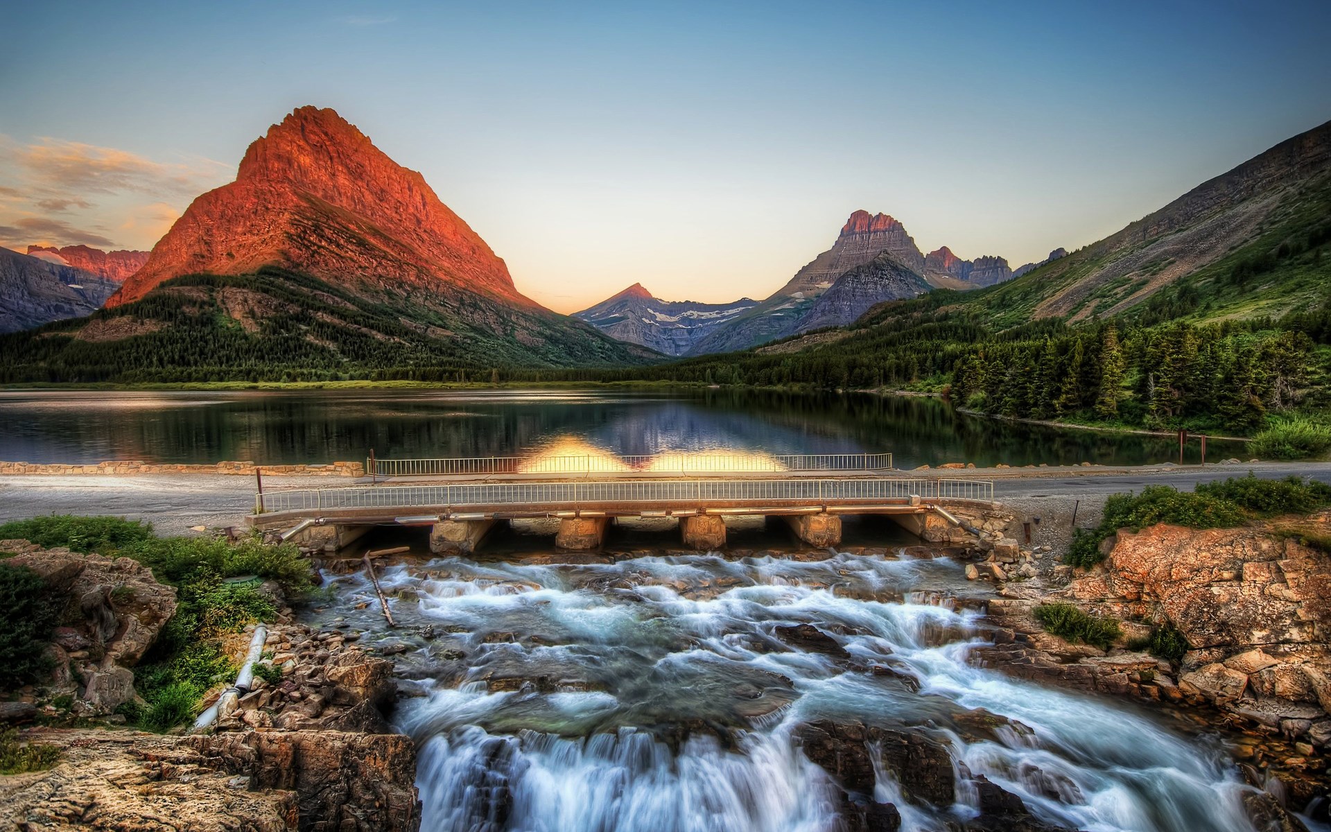 Mountain Lake with Bridge and Waterfall at Sunset HD Wallpaper