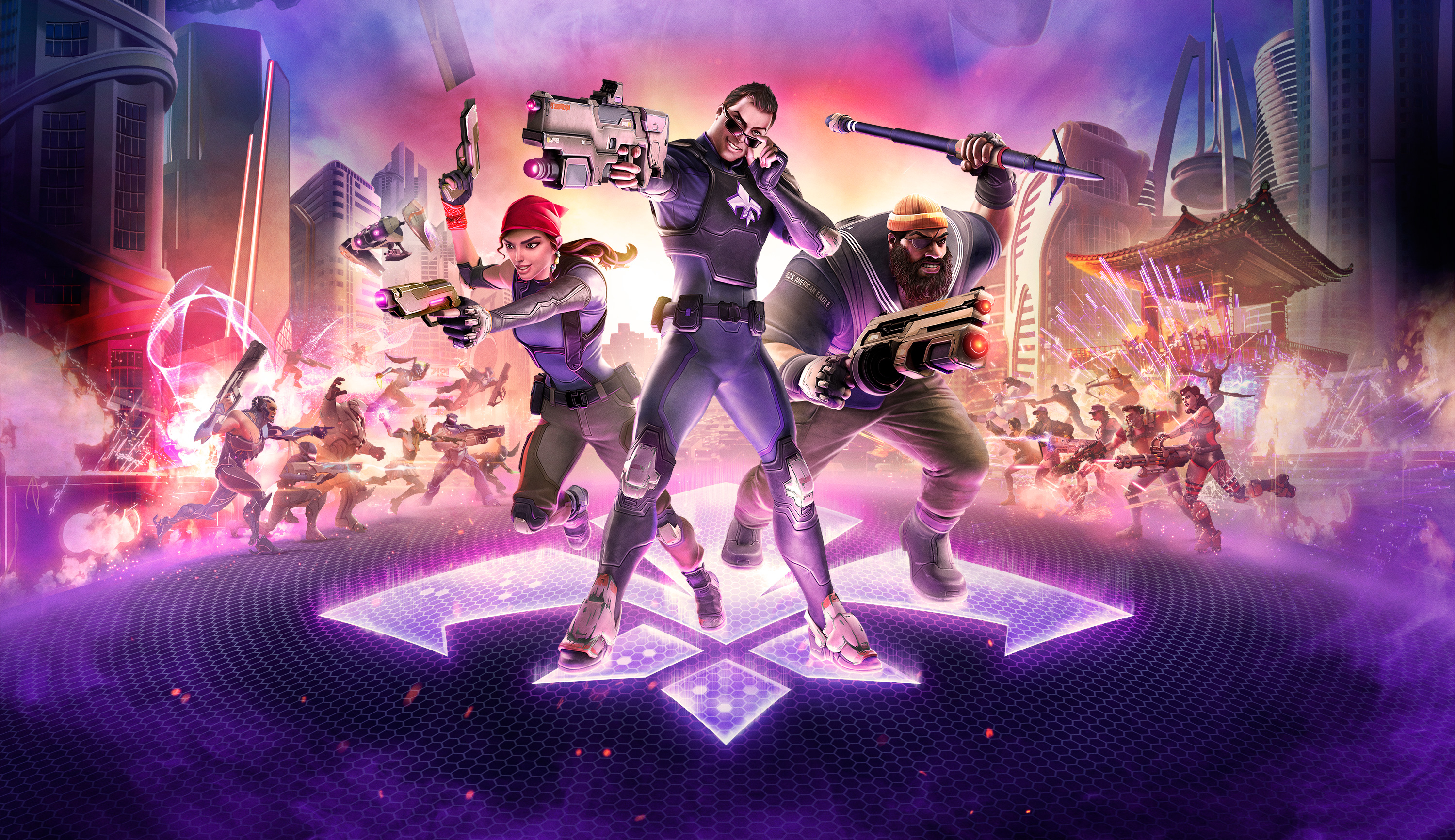 Agents of Mayhem characters in a futuristic city HD Wallpaper