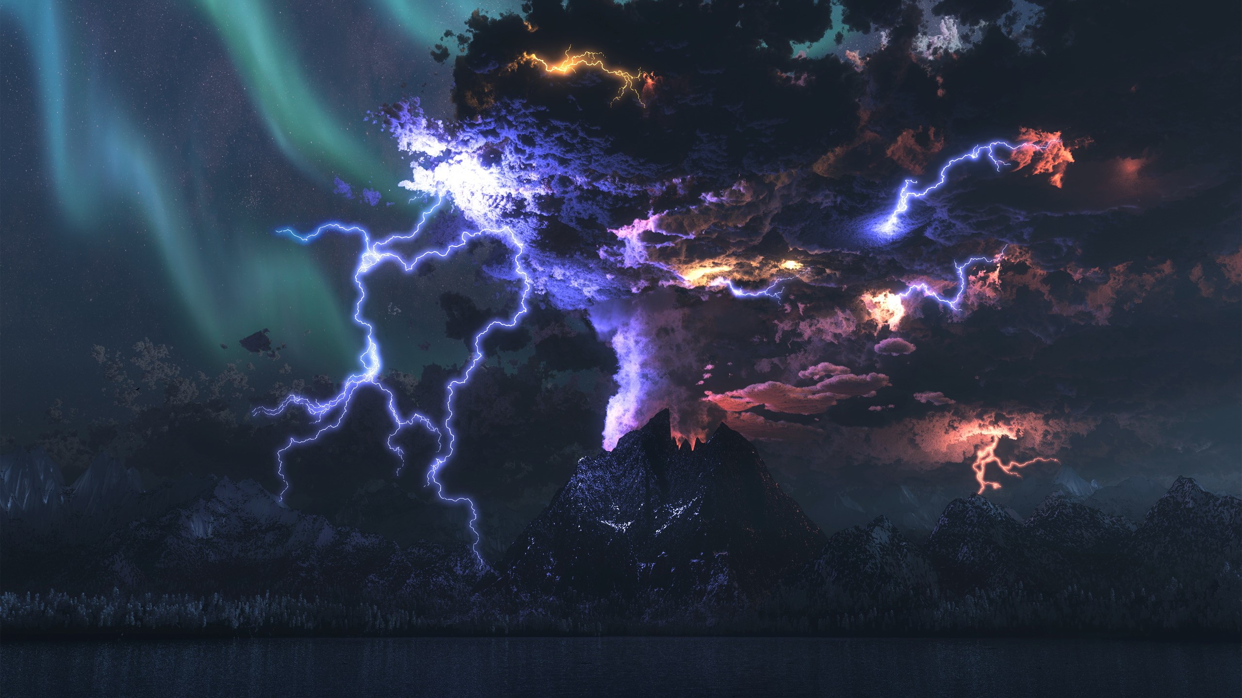 Volcano erupting with lightning and aurora borealis HD Wallpaper