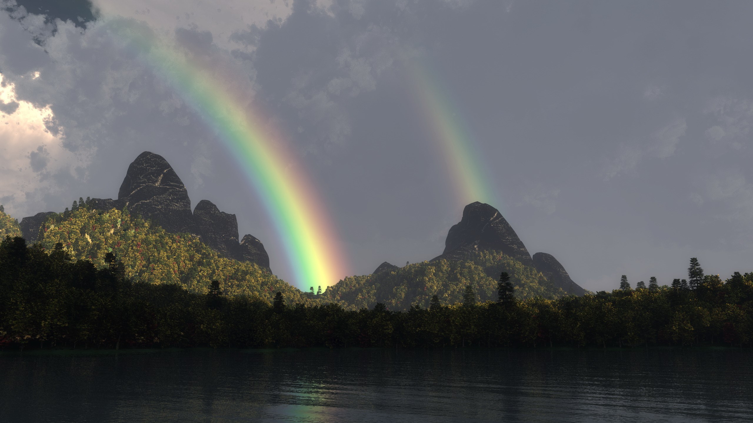 Double rainbow over mountains and lake HD Wallpaper