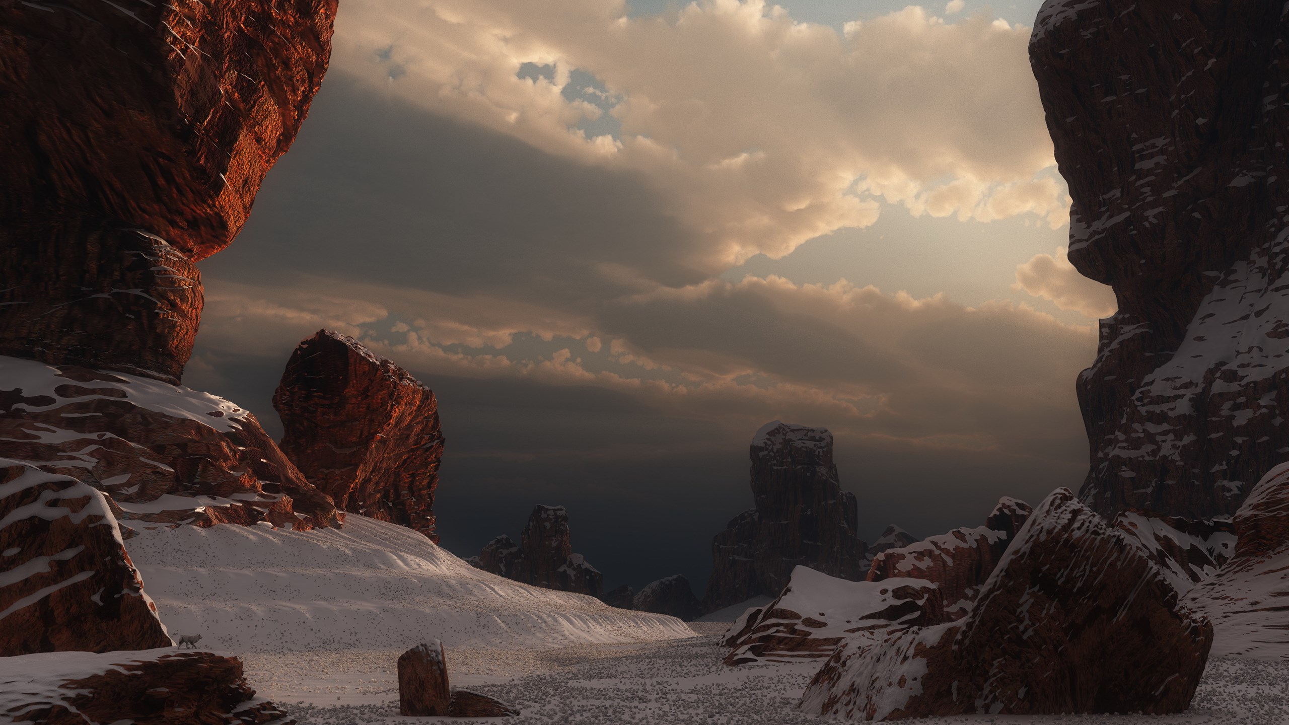 Snowy desert landscape with rock formations and cloudy sky HD Wallpaper