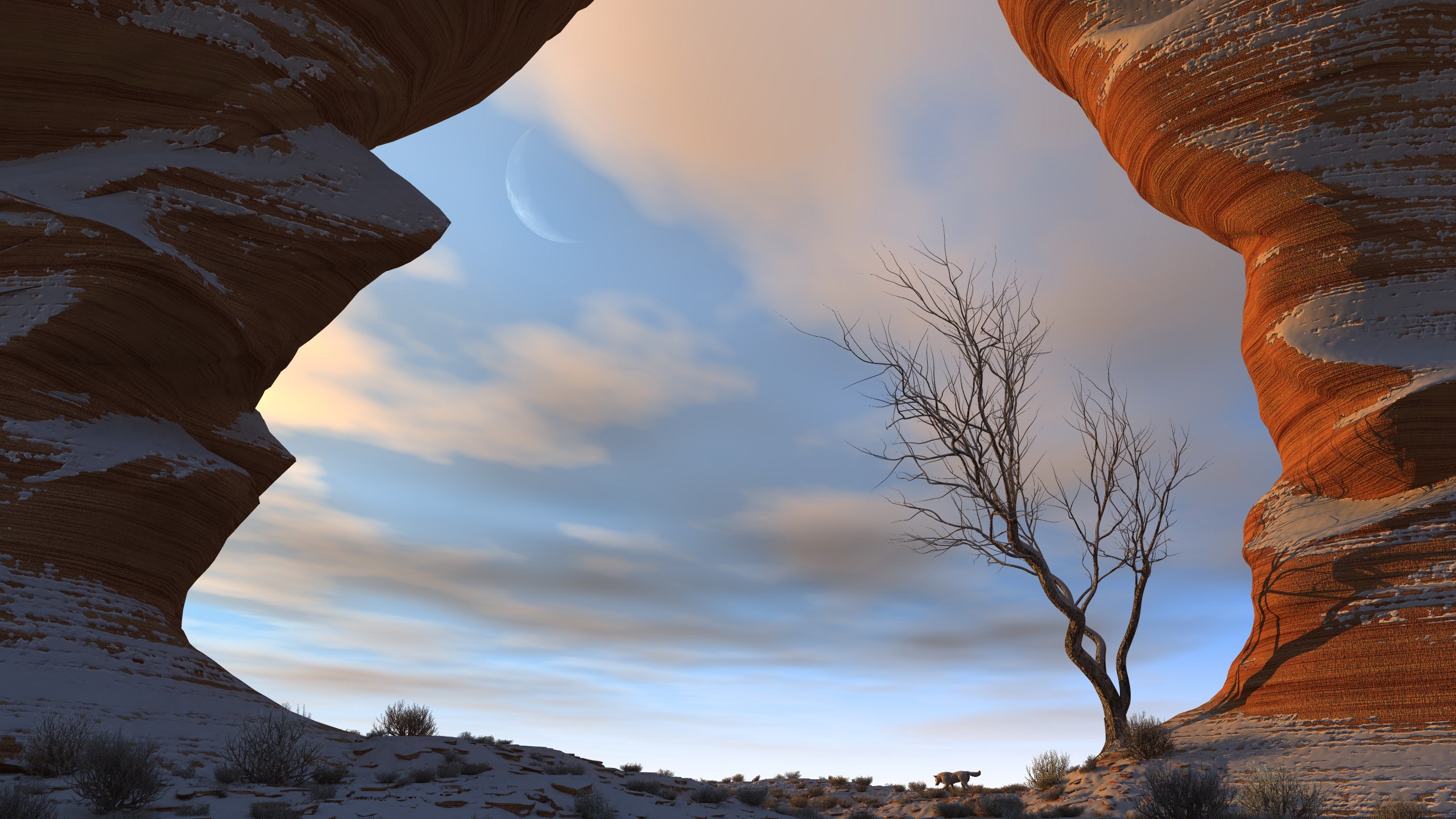 Desert landscape with rock formations and a lone tree HD Wallpaper